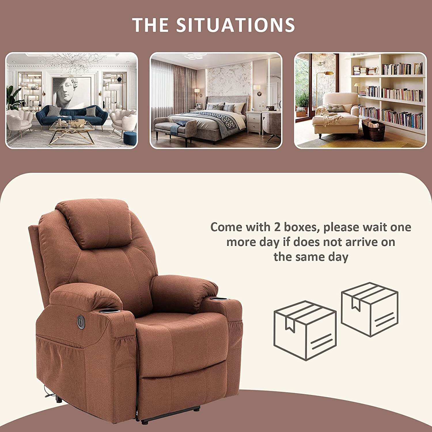 Homrest Electric Power Recliner Lift Chair Fabric Electric Recliner for Elderly, Heated Vibration Massage Sofa with Side Pockets, USB Charge Port & Remote Control(Coffee)