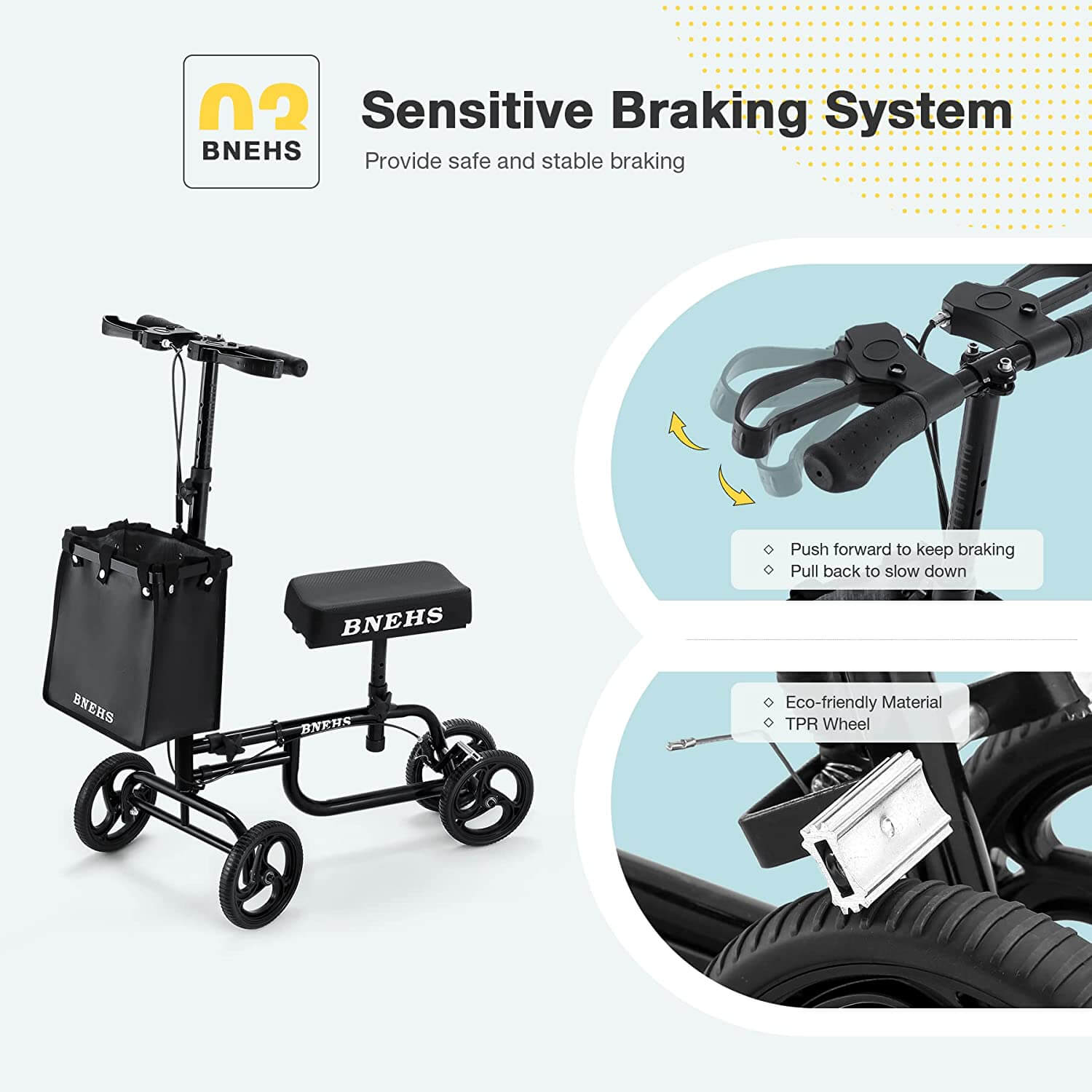 Homrest knee scooter with grooved brake pads folding knee walker for foot injured adults, black