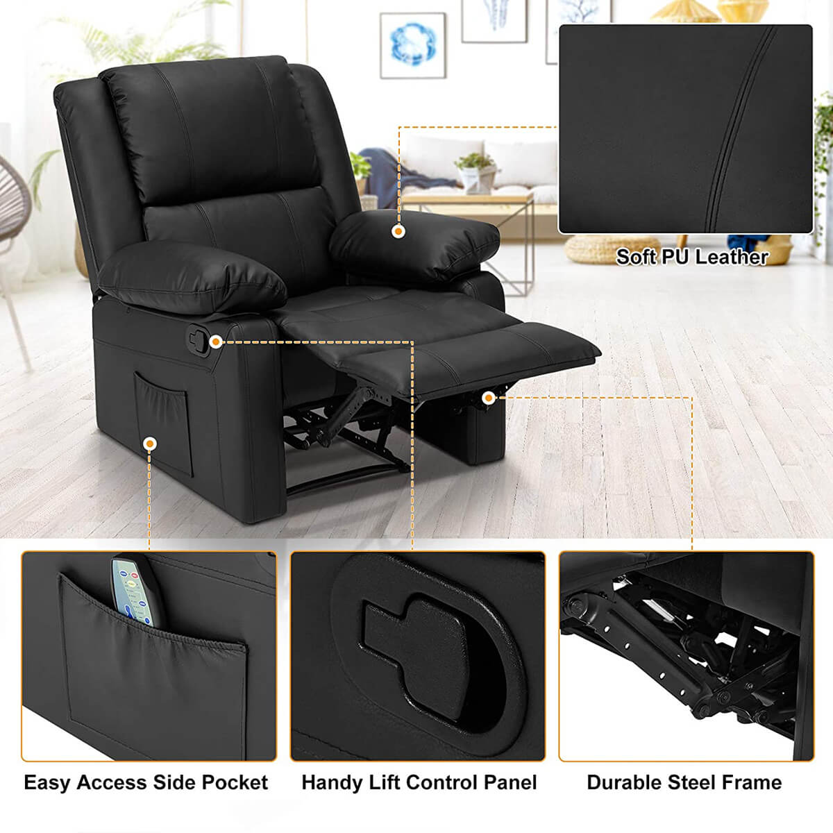 Recliner Chair with Massage Heated Function, Modern PU Leather Lounge Chair with Side Pocket, Single Sofa Seat Living Room Chair, Black