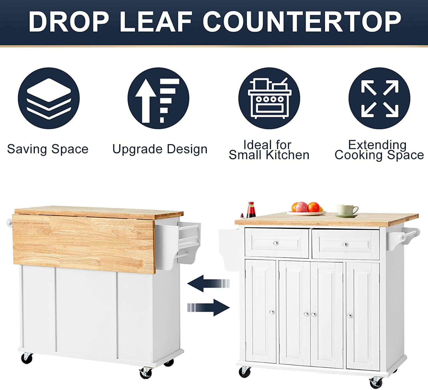 Rolling Kitchen Island Cart with Storage & Drop-Leaf Rubber Wood Tabletop, Lockable Wheels, Trolley Cart Utility Cabinet, Towel Rack, Spice Rack(White)
