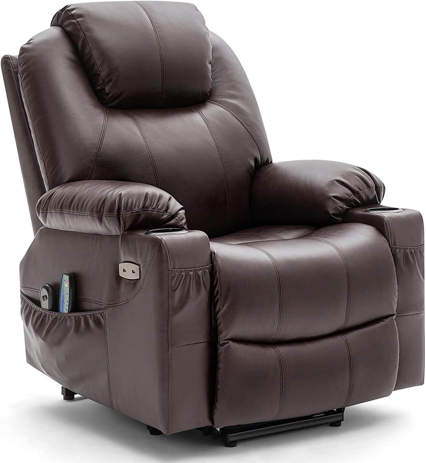 Homrest Electric Power Recliner Lift Chair Faux Leather Electric Recliner for Elderly, Heated Vibration Massage Sofa with Side Pockets, USB Charge Port & Remote Control(Brown)