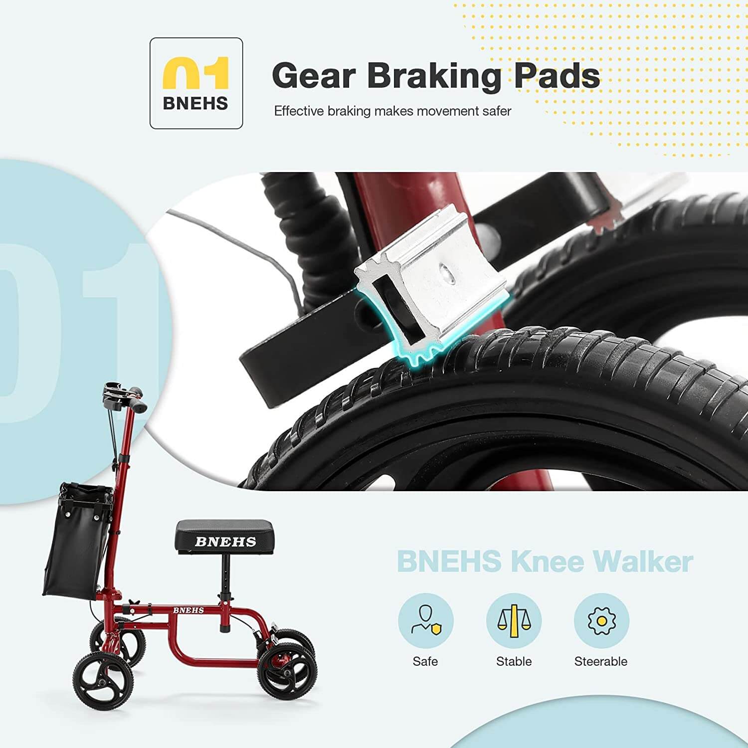 Homrest knee scooter with grooved brake pads folding knee walker for foot injured adults, red frame