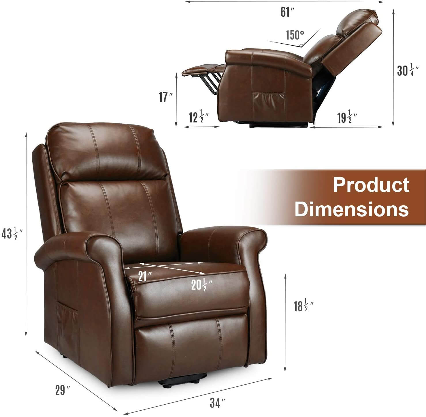 Homrest Electric Power Lift Recliner Chair, Faux Leather Electric Recliner for Elderly with Heated Vibration Massage, Side Pocket & Remote Control, Brown