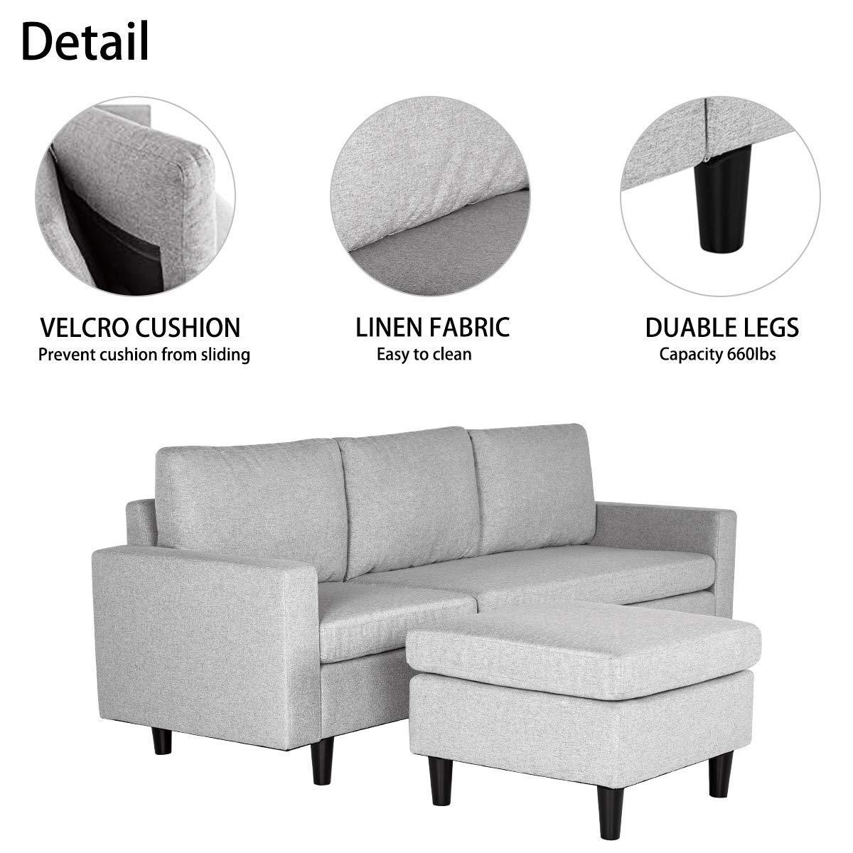 hOMREST Convertible Sectional L-Shaped Sofa Couch with Modern Linen Fabric Light Grey