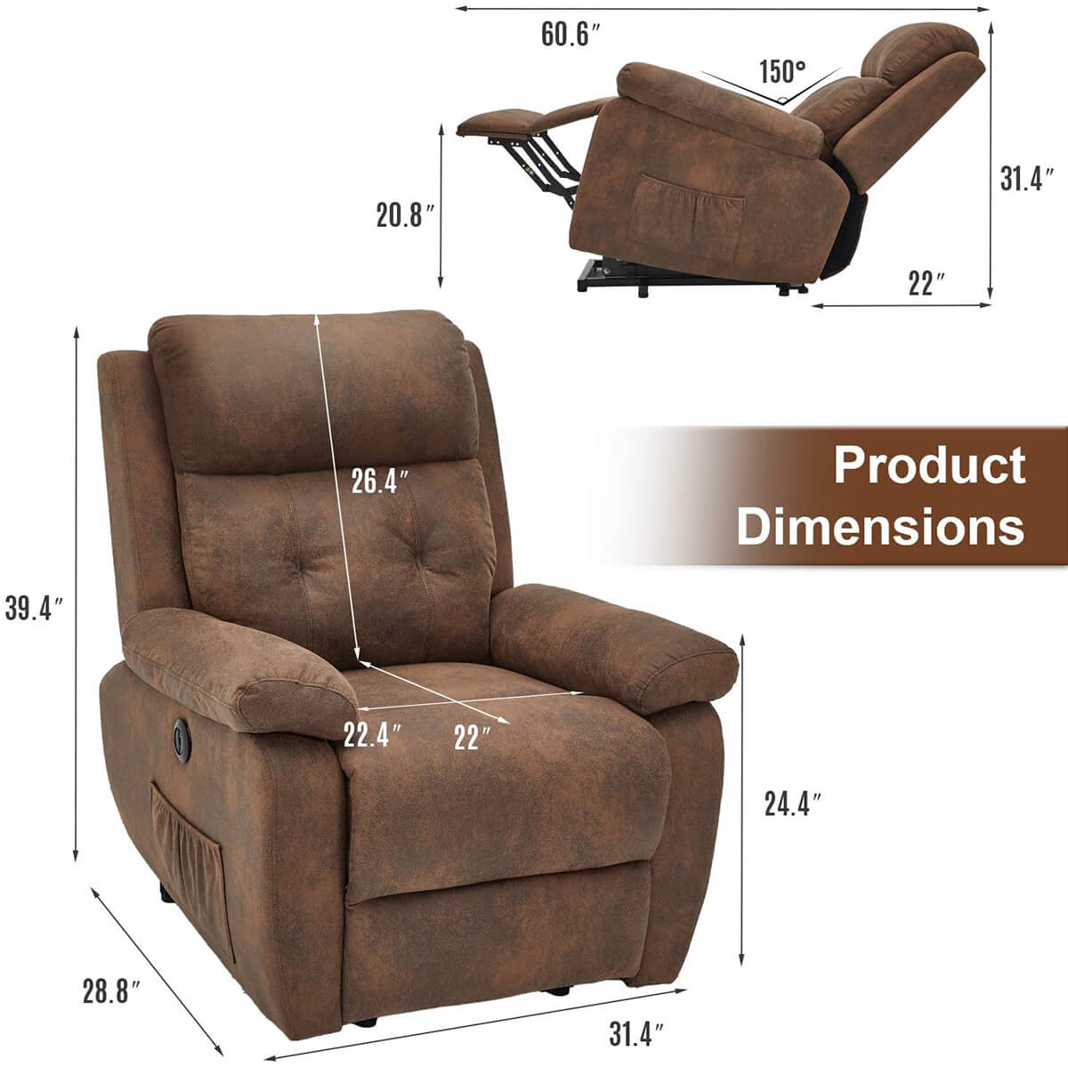 Homrest Electric Power Lift Recliner Chair Sofa for Elderly, Faux Leather Recliner Chair with Heated Vibration Massage, Heavy Duty & Safety Motion Reclining Mechanism, Saddle Brown