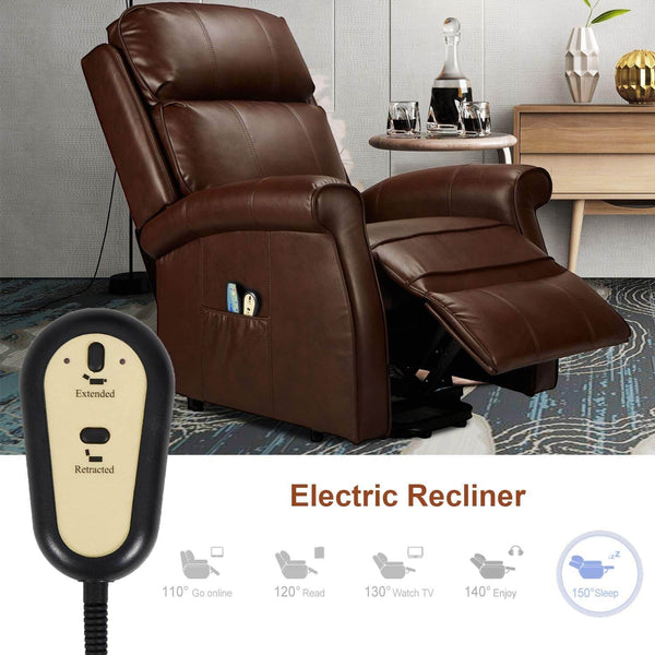 Homrest Electric Power Lift Recliner Chair, Faux Leather Electric Recliner for Elderly with Heated Vibration Massage, Side Pocket & Remote Control, Brown