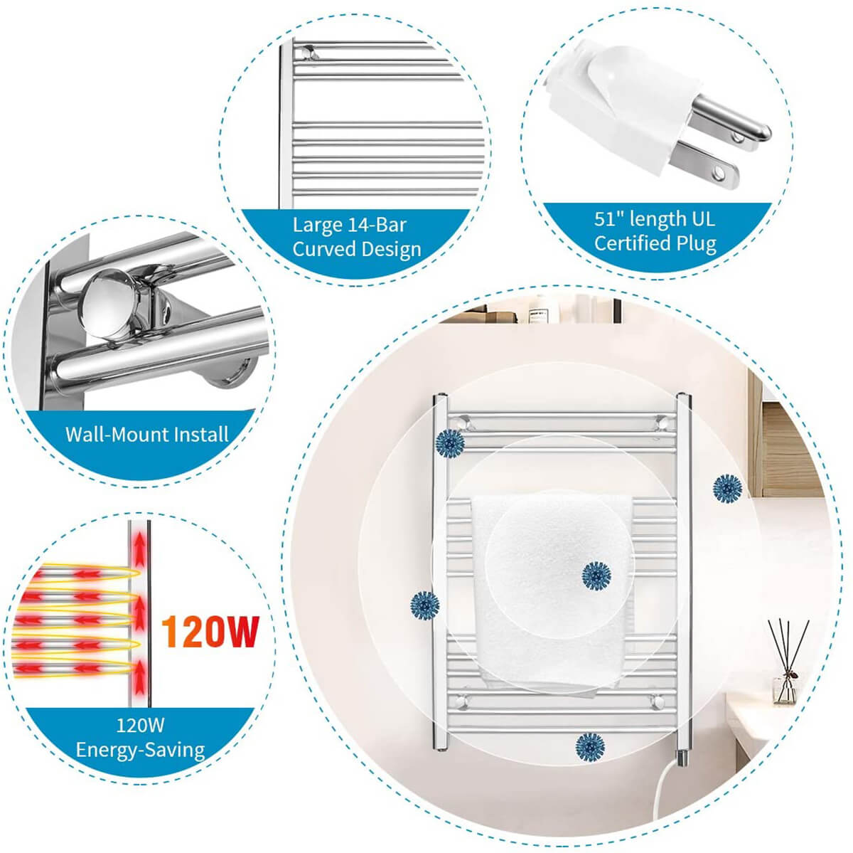 Towel Warmer Rack, Steel Heated Drying Rack Plug-in Wall Mounted Towel Warmer Rack for Bathroom (Silver, 14 Bar)