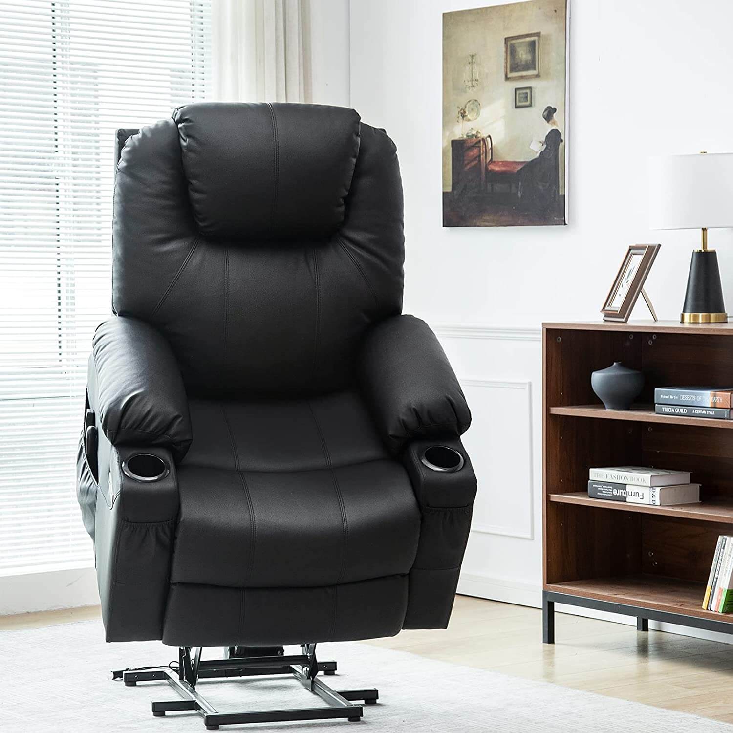 Homrest Electric Power Recliner Lift Chair Faux Leather Electric Recliner for Elderly, Heated Vibration Massage Sofa with Side Pockets, USB Charge Port & Remote Control(Black)