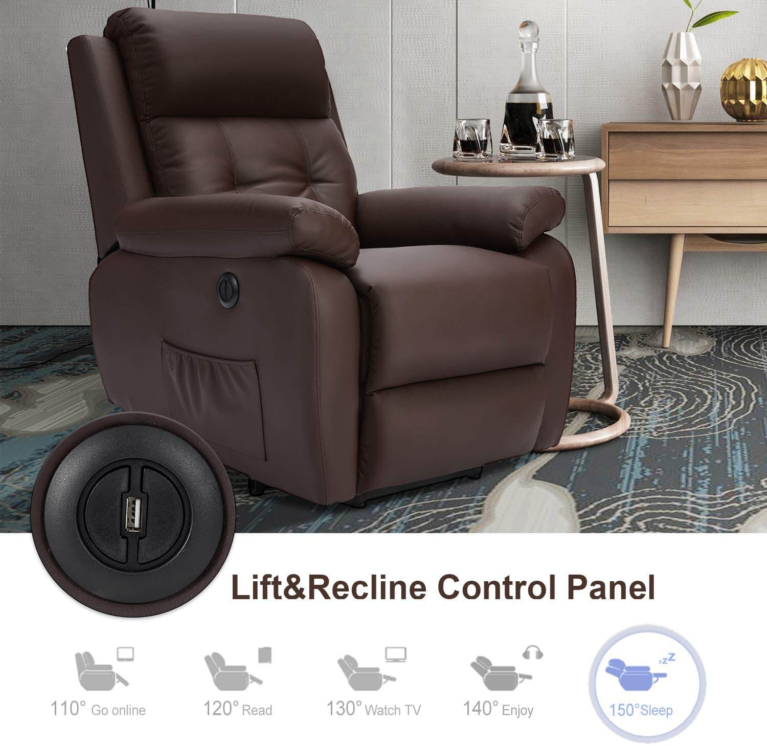 Homrest Electric Power Lift Recliner Chair Sofa for Elderly, Faux Leather Recliner Chair with Heated Vibration Massage, Side Pocket&USB Port(Brown)