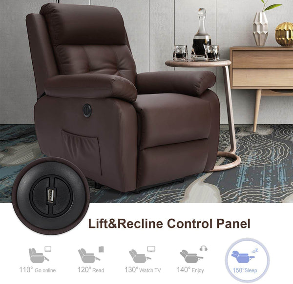 Homrest Electric Power Lift Recliner Chair Sofa for Elderly, Faux Leather Recliner Chair with Heated Vibration Massage, Side Pocket&USB Port(Brown)