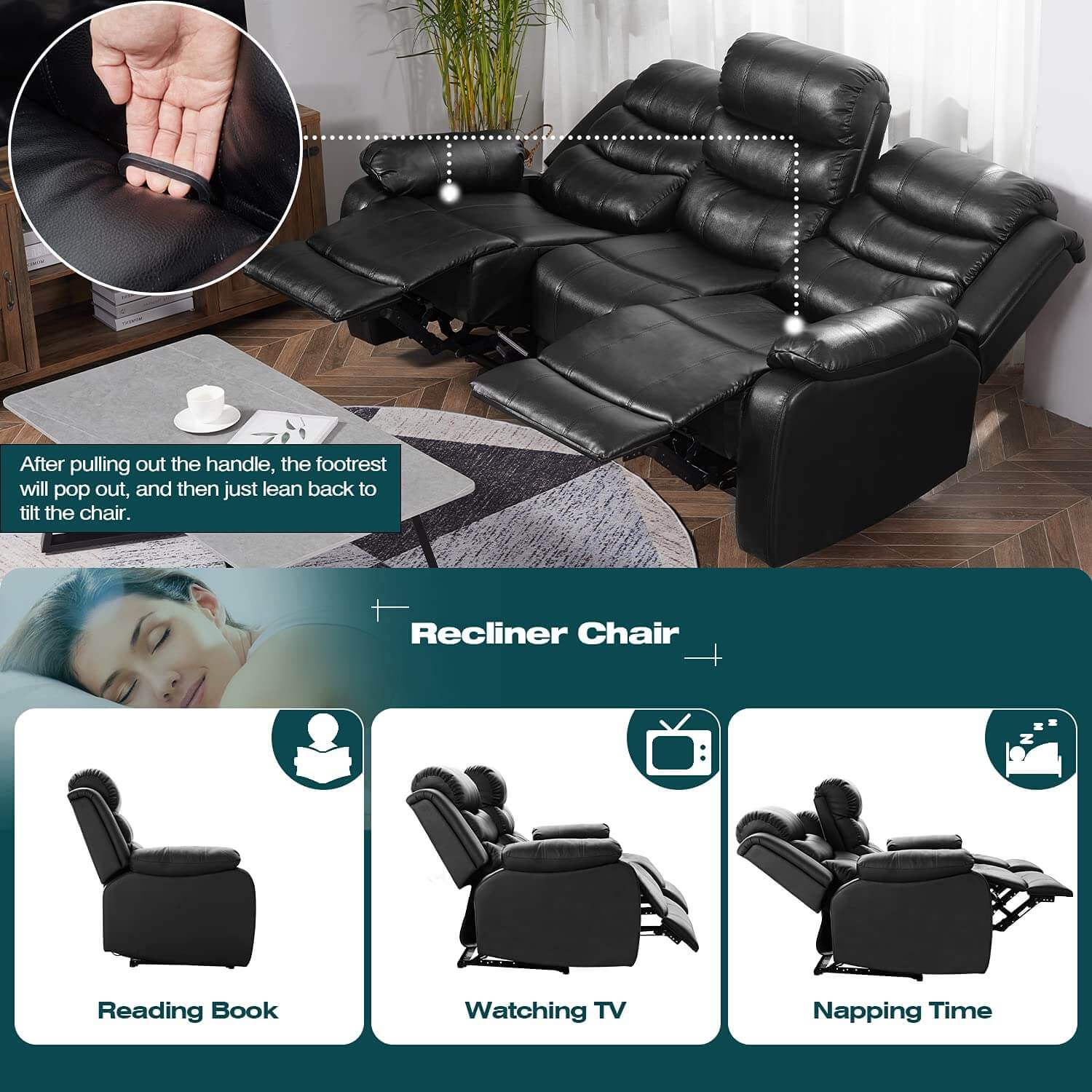 Homrest 3 seater Recliner Sofa Set Home Theater Seating Reclining Couch for Living Room, Black