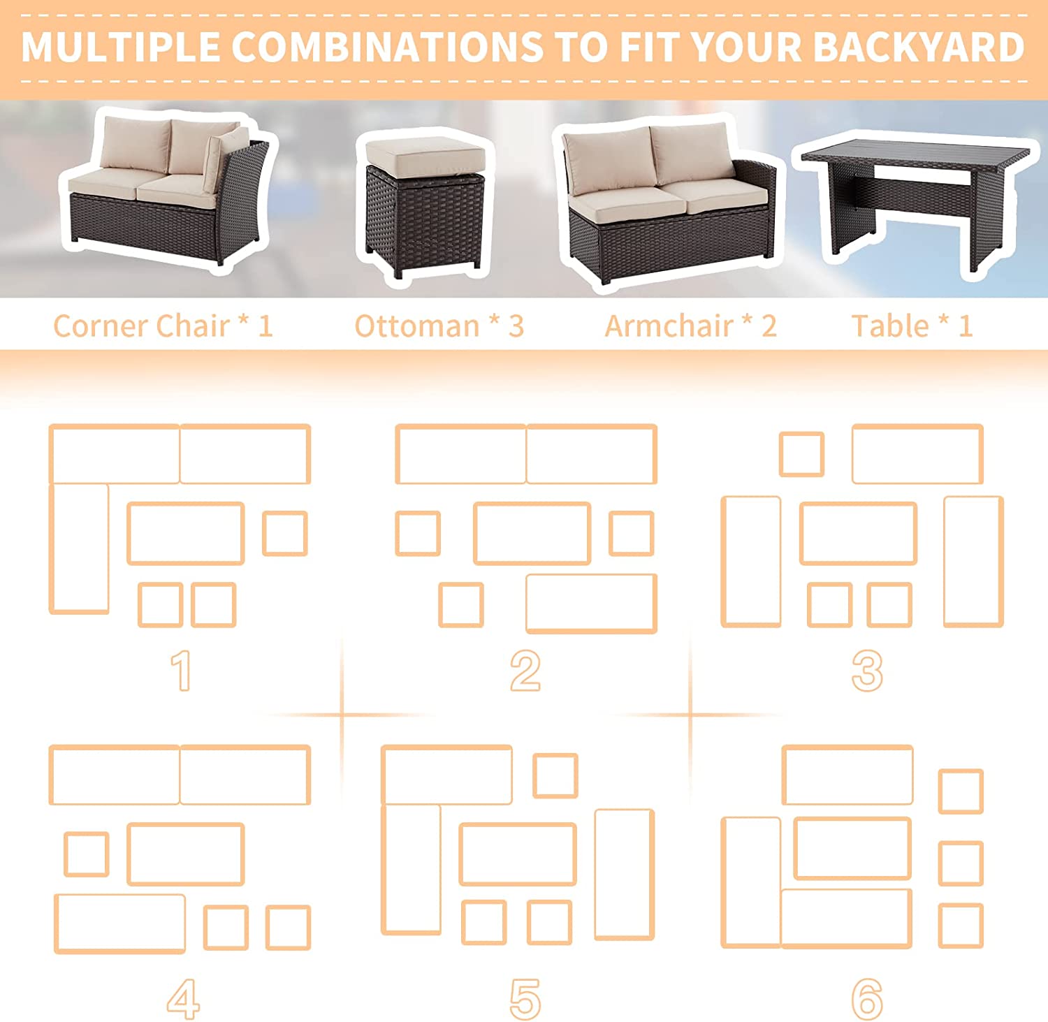 Homrest 7 Pieces Patio Furniture Set, Outdoor Sectional Dining Sofa Set with Table & 3 Ottomans (Khaki)