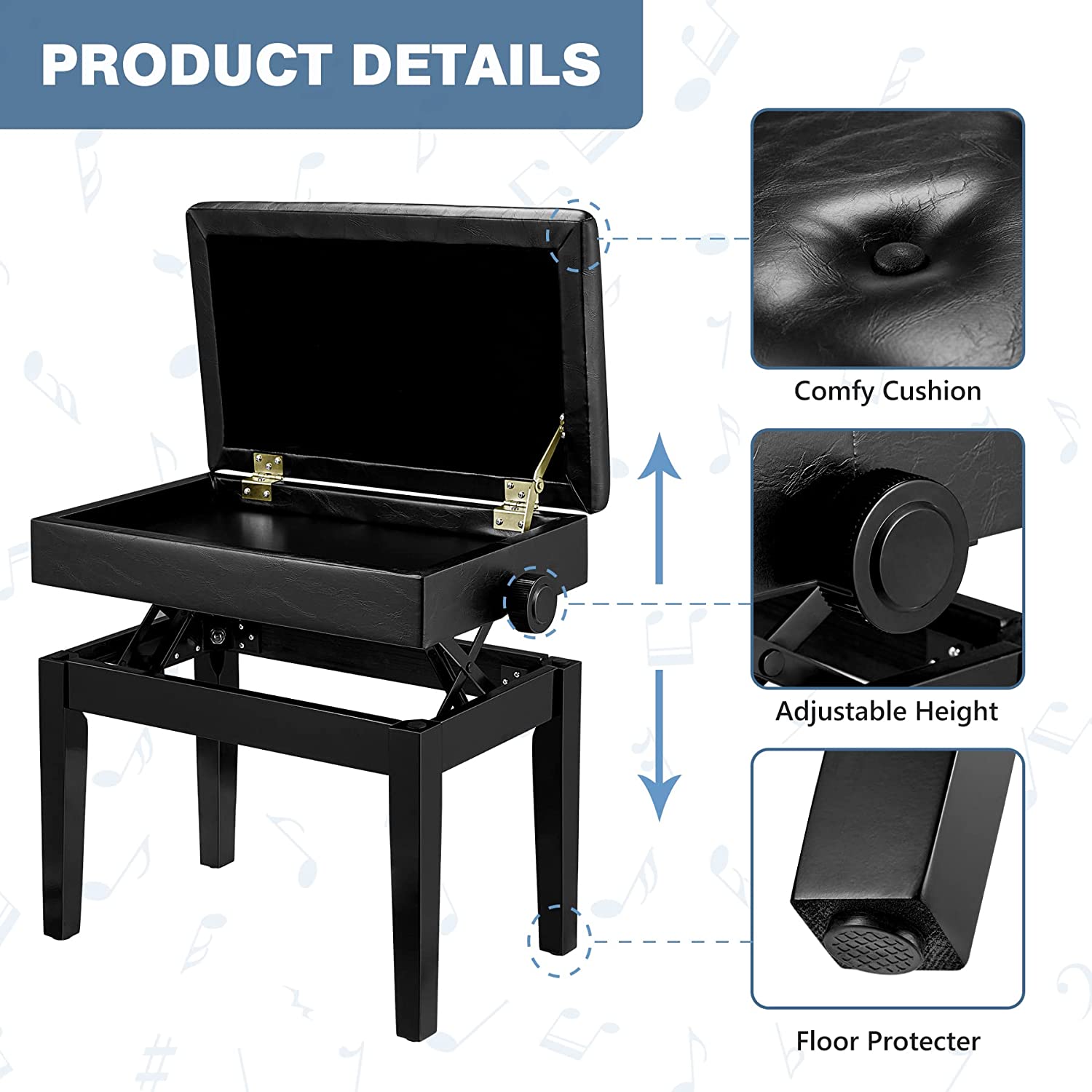  Homrest piano stool solid wood keyboard bench with PE leather, black