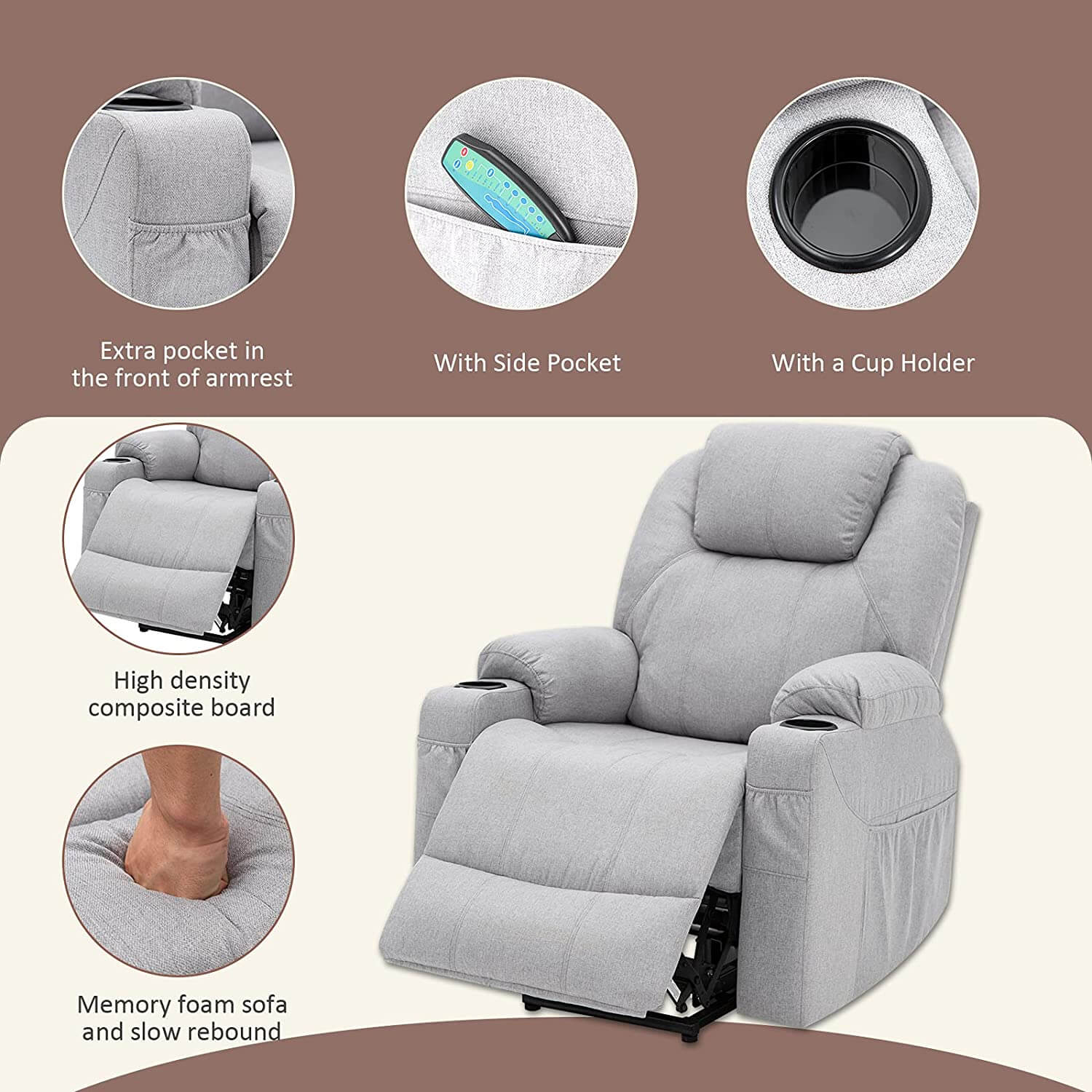 Homrest Electric Power Recliner Lift Chair Fabric Electric Recliner for Elderly, Heated Vibration Massage Sofa with Side Pockets, USB Charge Port & Remote Control(Gray)