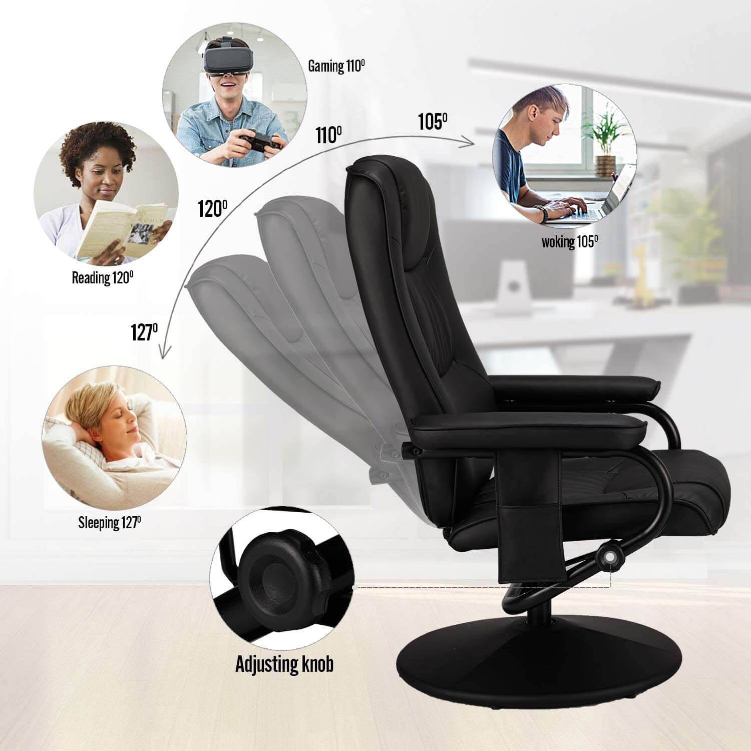Recliner Chair and Ottoman, 360 Degrees Swivel Ergonomic Faux Leather Lounge Recliner with Footrest, Vibration Massage Lounge Chair with Side Pocket, Black