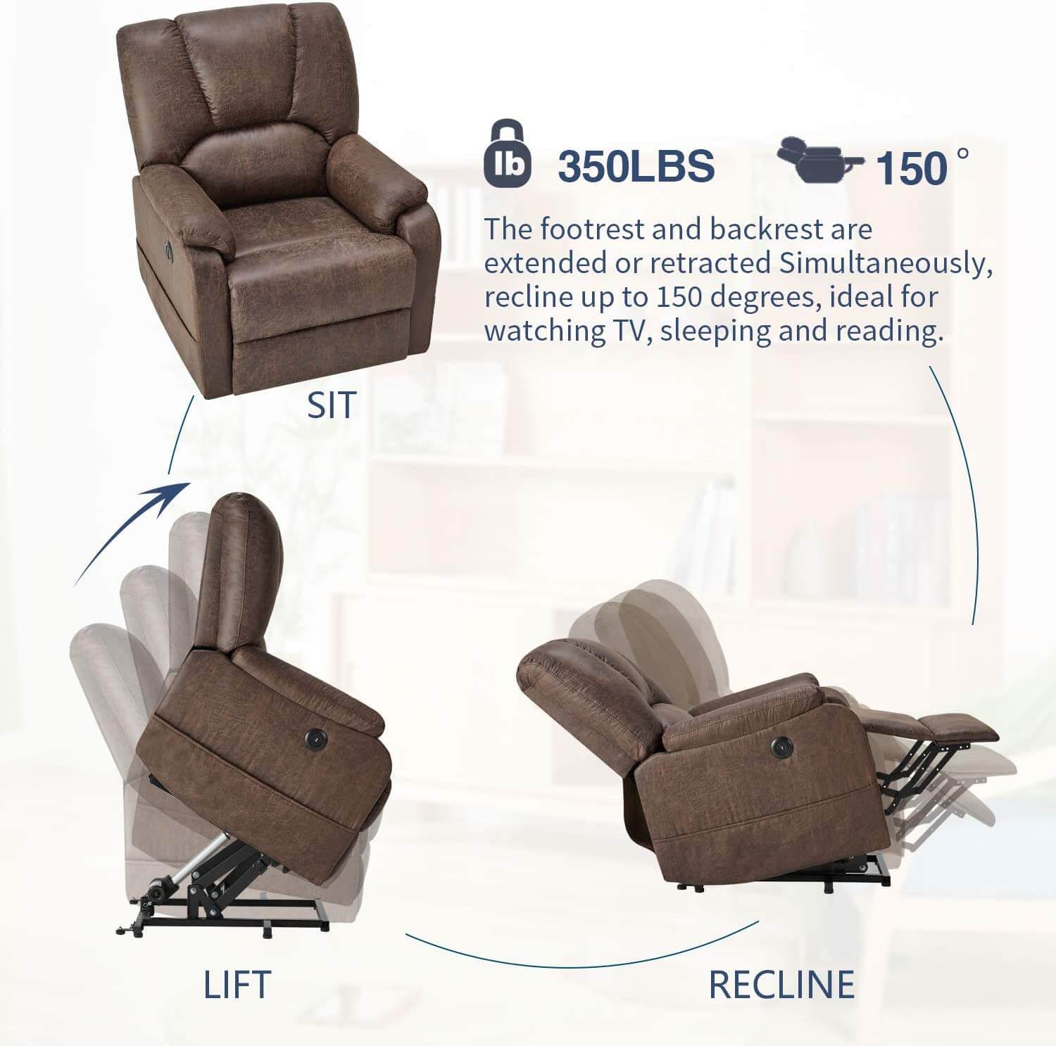 Homrest Electric Power Lift Recliner Chair Sofa with Massage and Heat for Elderly, Faux Leather Recliner Chair with Side Pockets & USB Port, Nut Brown