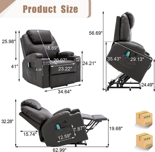 Homrest Power Lift Recliner Chair with Massage & Heat for Elderly, Leather Electric Recliner with 4 Side Pockets, Cup Holders & USB Port (Brown)