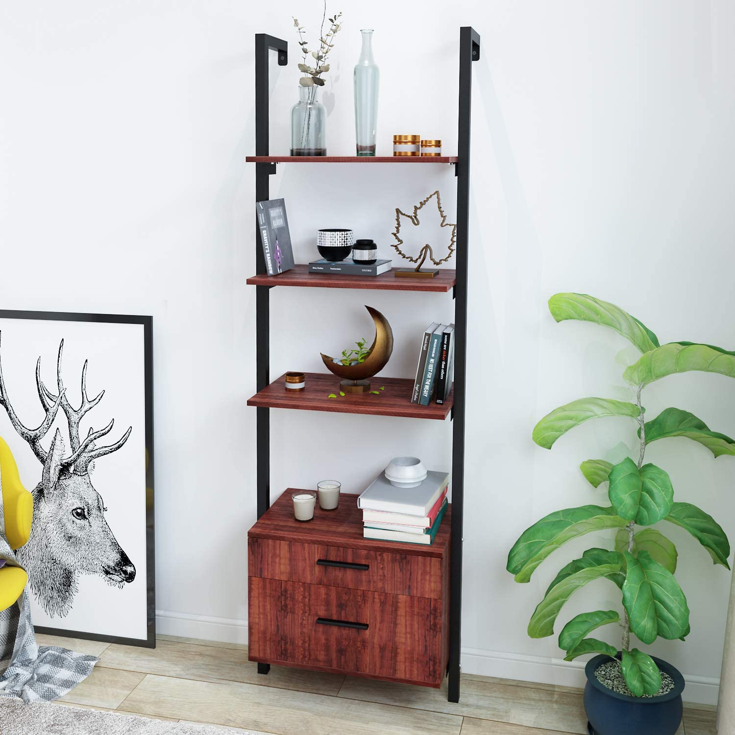 Homrest Wall Mounted Industrial 3-Tier Bookshelf with 2 Wood Drawers & Matte Steel Frame Ladder Shelf Bookcase, Black