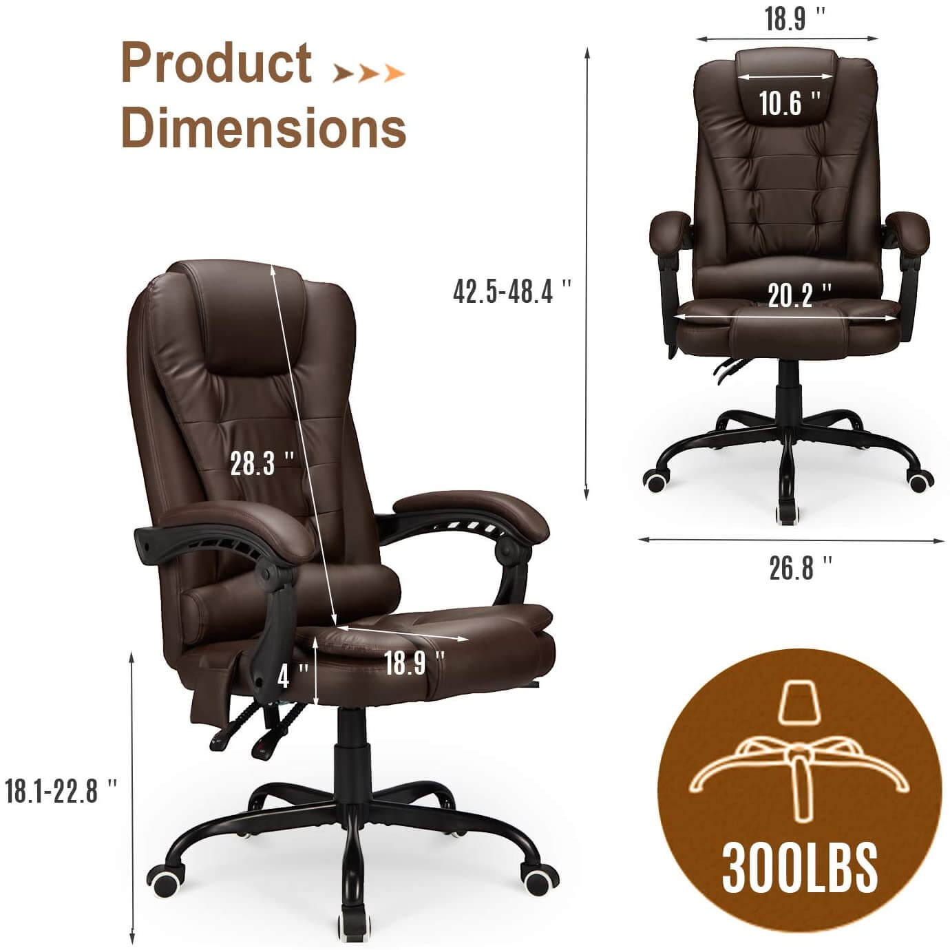Homrest Ergonomic Office Chair, High-Back Computer Desk Chair with Heated Massage & Lumbar Support, Brown (Without Footrest)