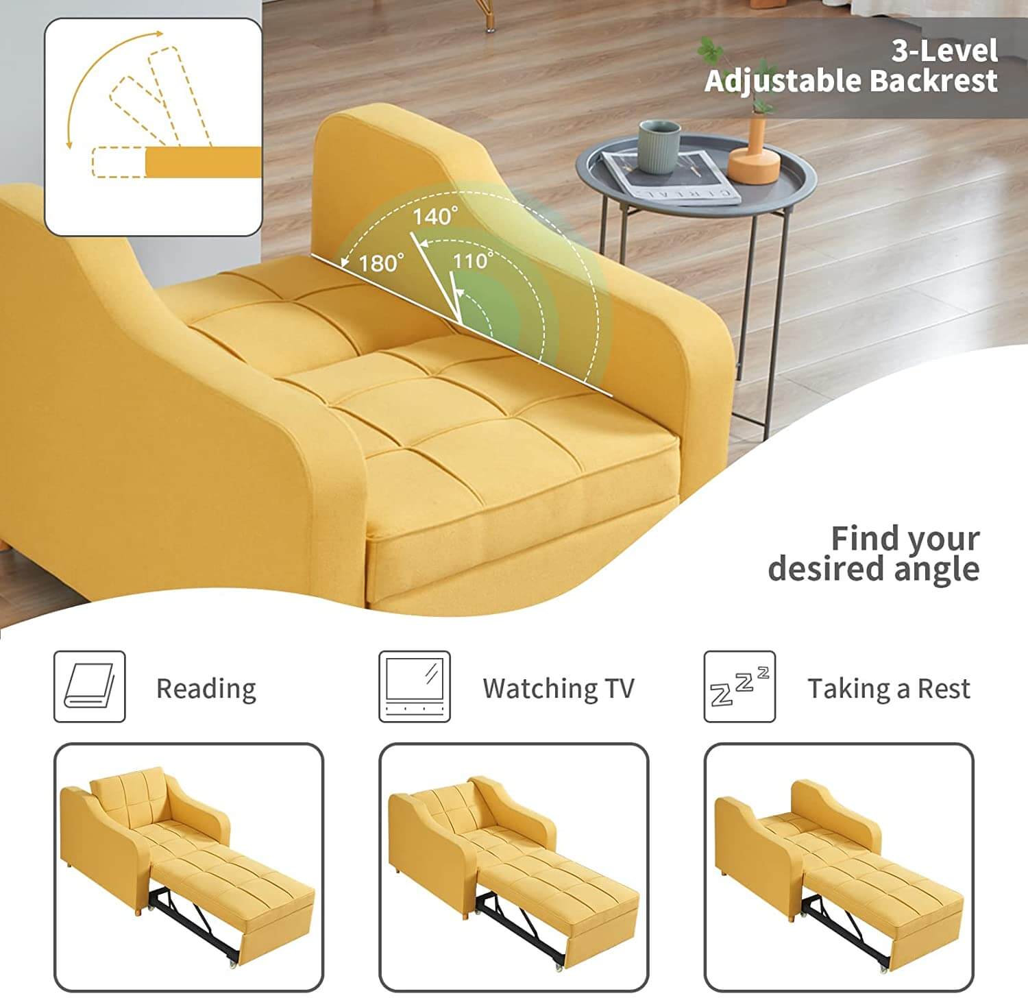 Homrest Upgrade Sofa Bed 3-in-1 Convertible Chair Multi-Functional Sofa Bed Adjustable Recliner for Living Room (Yellow)