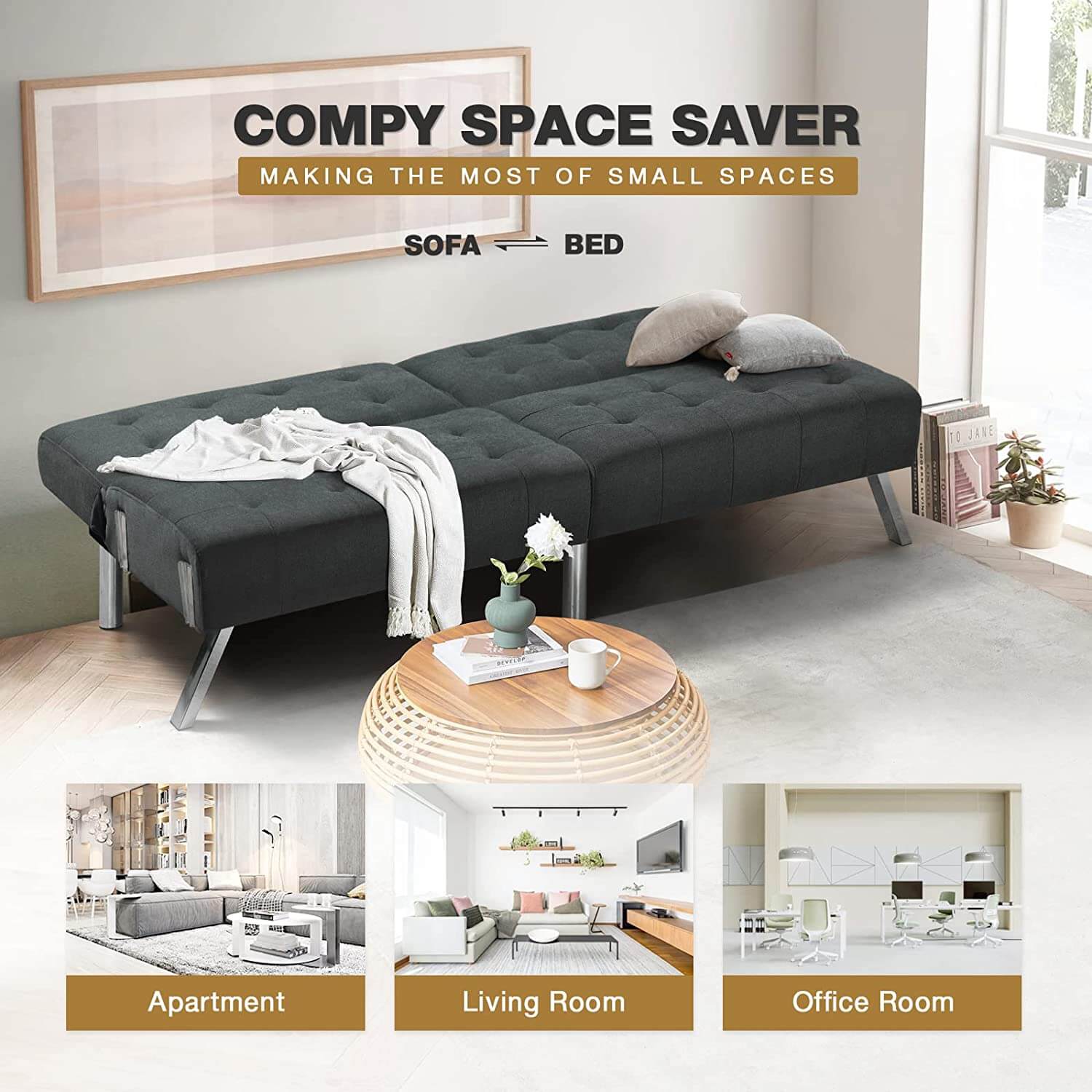 Convertible sofa bed for living room, dark gray | Homrest furniture