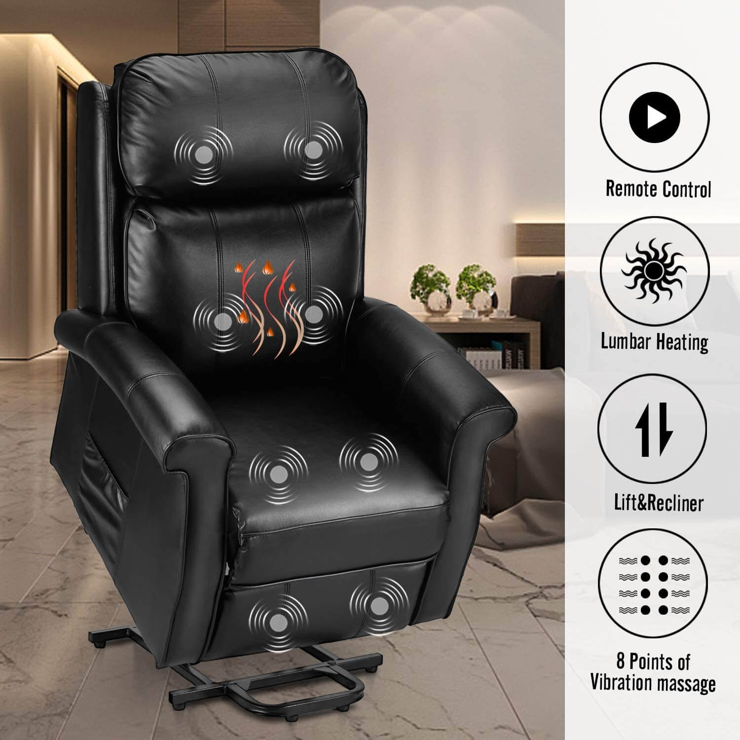 Homrest Electric Power Lift Recliner Chair, Faux Leather Electric Recliner for Elderly with Heated Vibration Massage(Black)