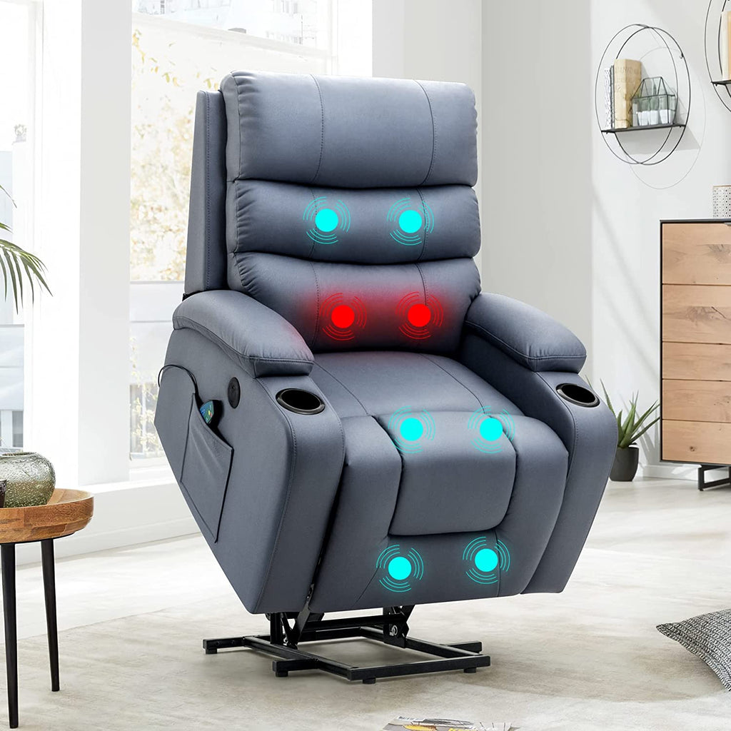 Homrest Power Lift Recliner Chair with Massage & Heat for Elderly, Microfiber Electric Recliner with 2 Pockets, Cup Holders & USB Port (Blue)