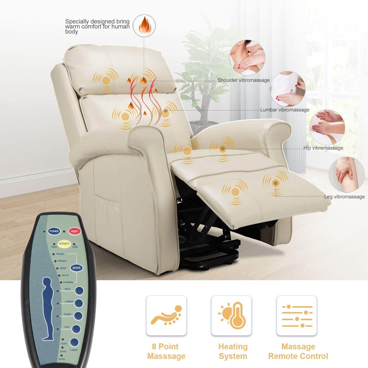 Homrest Electric Power Lift Recliner Chair, Faux Leather Electric Recliner for Elderly with Heated Vibration Massage(White)