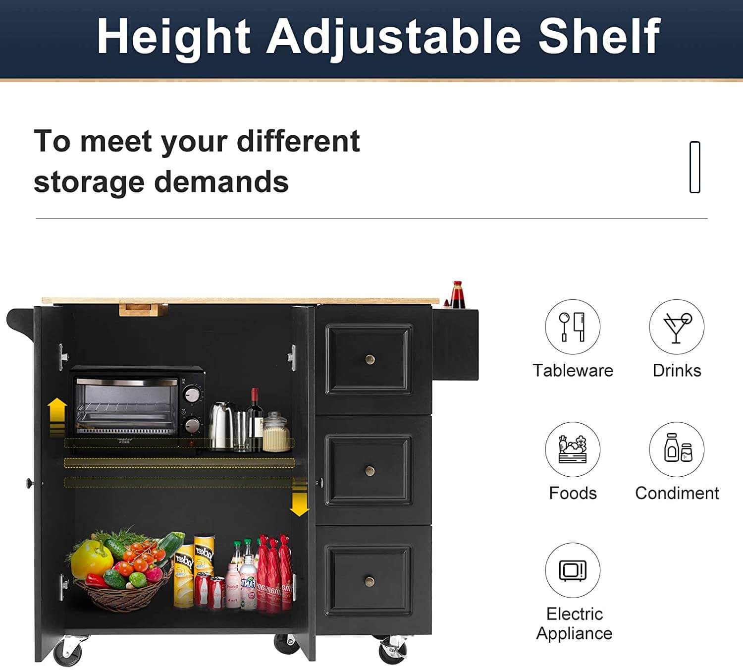 Rolling Kitchen Island Cart,Kitchen Trolley with Drop-Leaf Rubber Wood Tabletop,Lockable Wheels,Drawers & Cabinets,Towel Rack,Spice Rack,Black