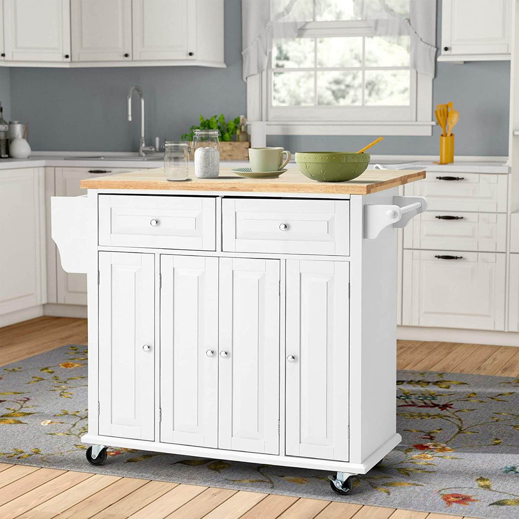 Rolling Kitchen Island Cart with Storage & Drop-Leaf Rubber Wood Tabletop, Lockable Wheels, Trolley Cart Utility Cabinet, Towel Rack, Spice Rack(White)