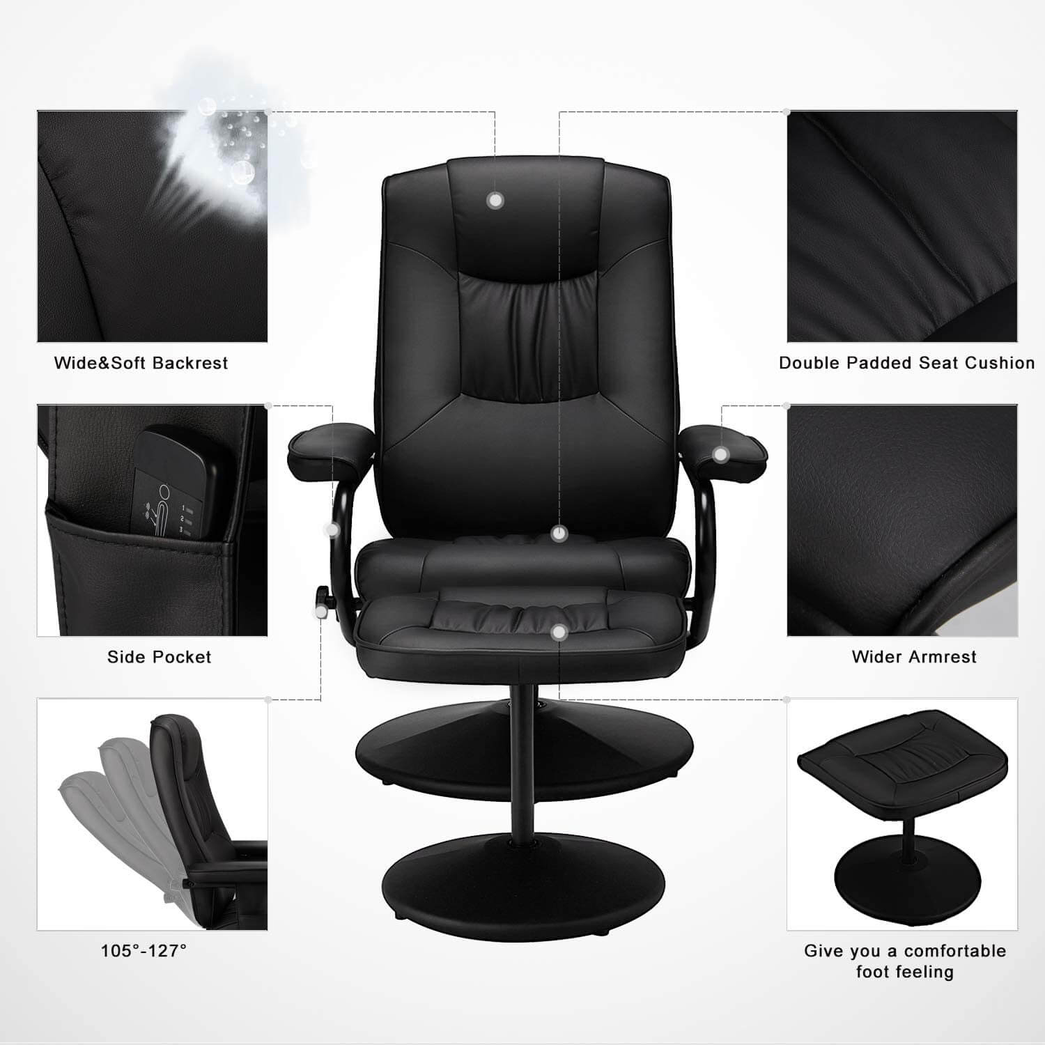 Recliner Chair and Ottoman, 360 Degrees Swivel Ergonomic Faux Leather Lounge Recliner with Footrest, Vibration Massage Lounge Chair with Side Pocket, Black