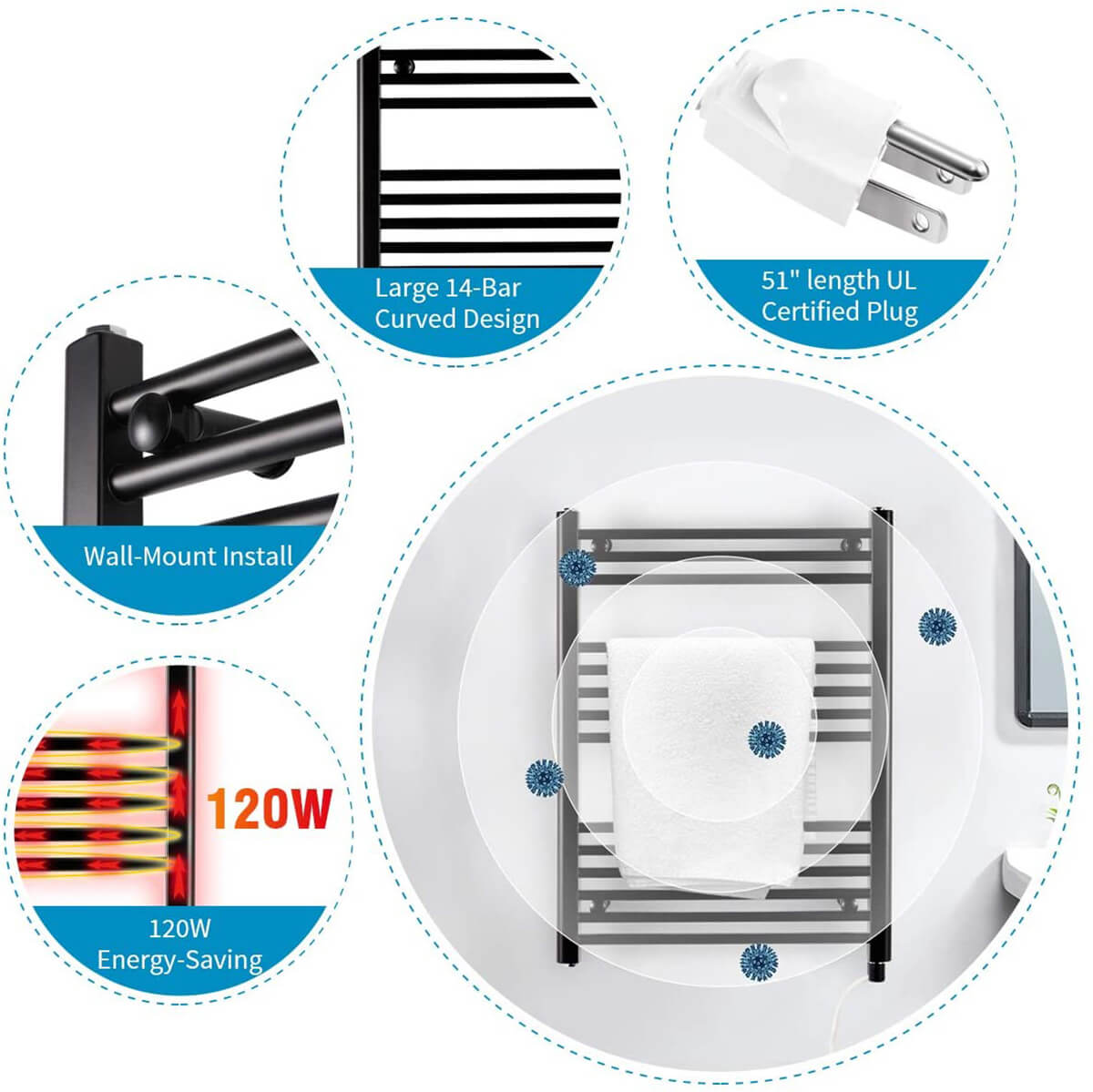 Towel Warmer Rack, Steel Heated Drying Rack Plug-in Wall Mounted Towel Warmer Rack for Bathroom (Black, 14 Bar)