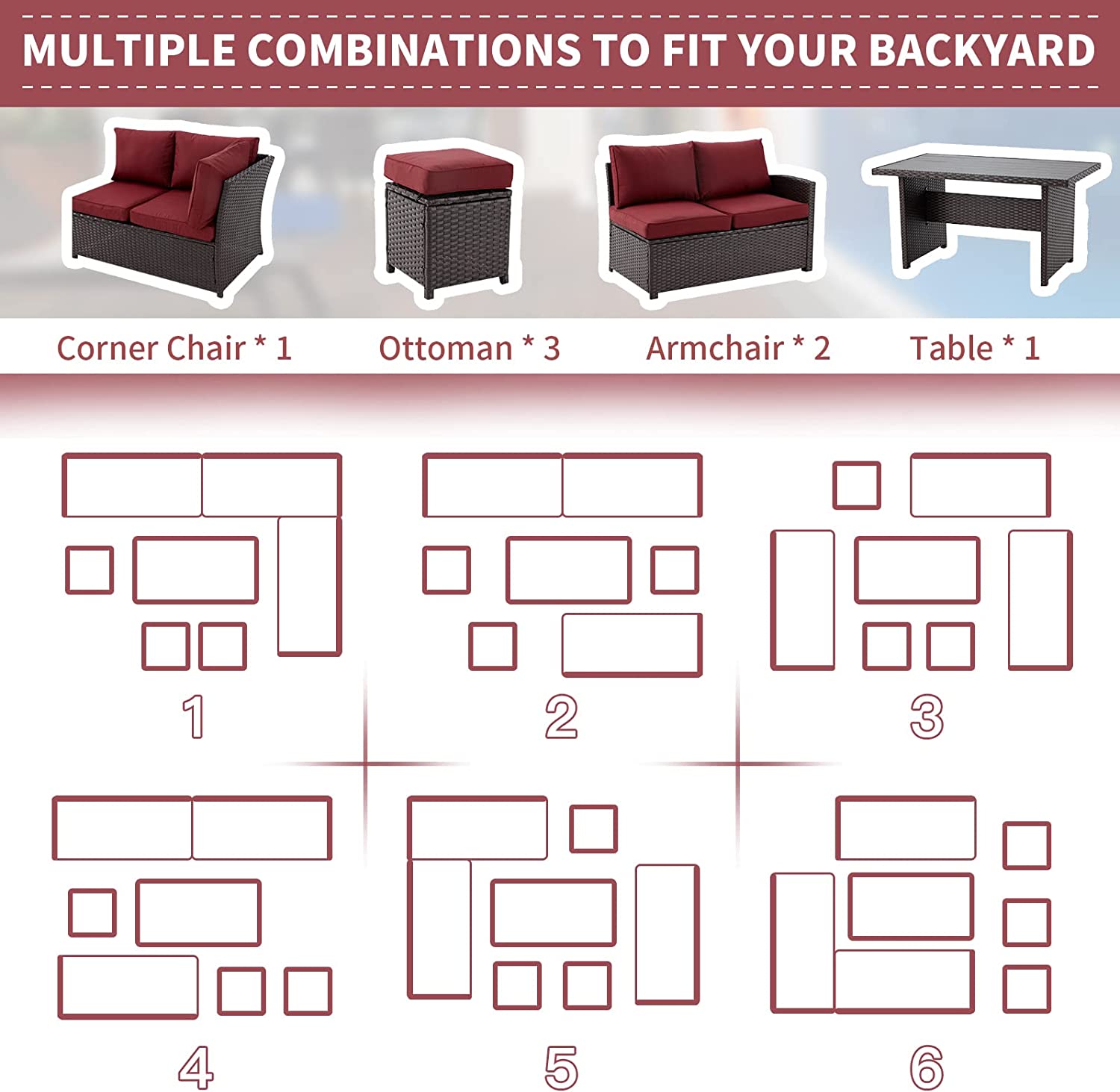 7 Pcs Patio Dining Set All Weather Outdoor Sectional Furniture w/ Ottoman, Wine  Red Cushion