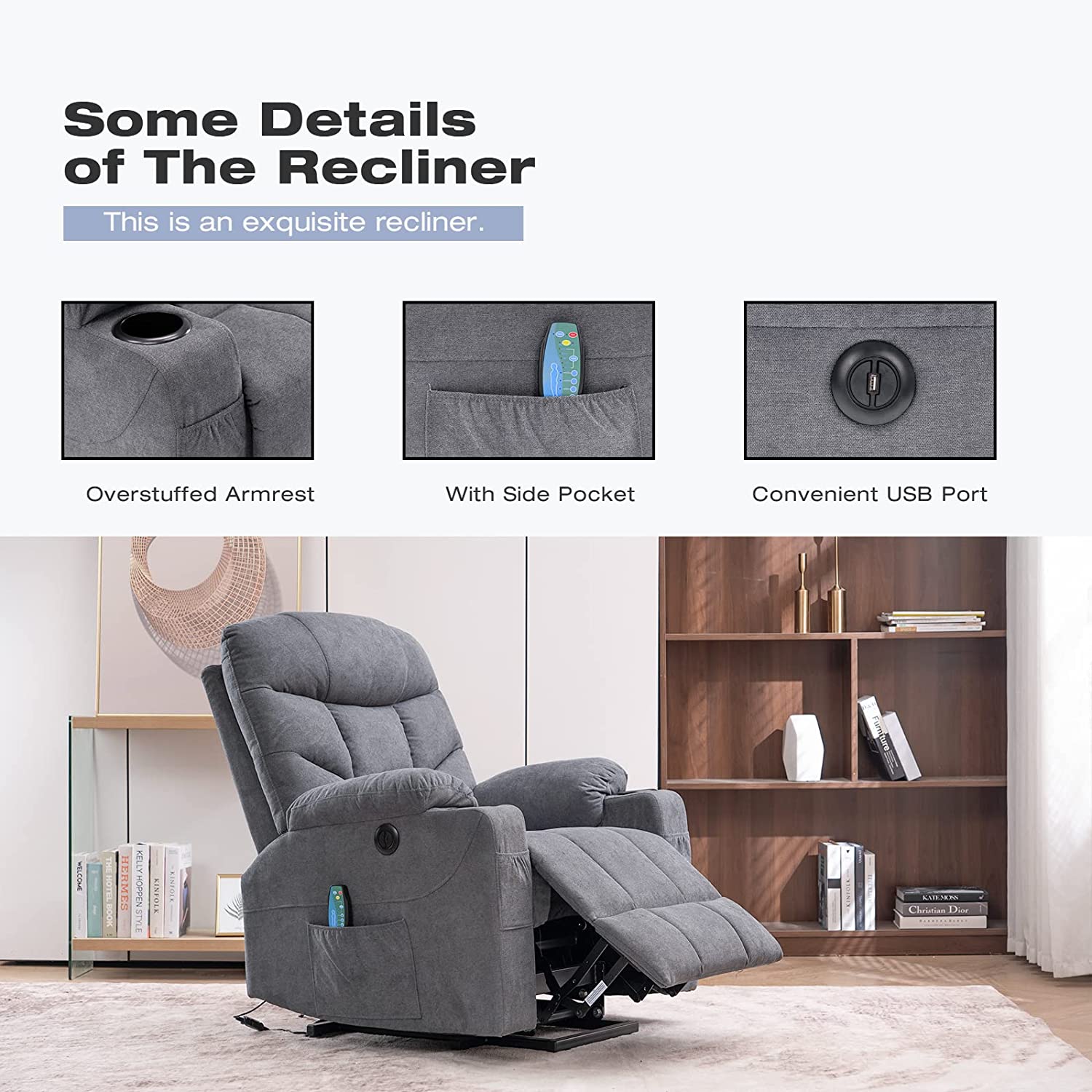 Homrest Electric Power Lift Chair Recliner Sofa for Elderly with Vibration Massage & Lumbar Heated, 2 Side Pockets & Cup Holders(Grey Blue)