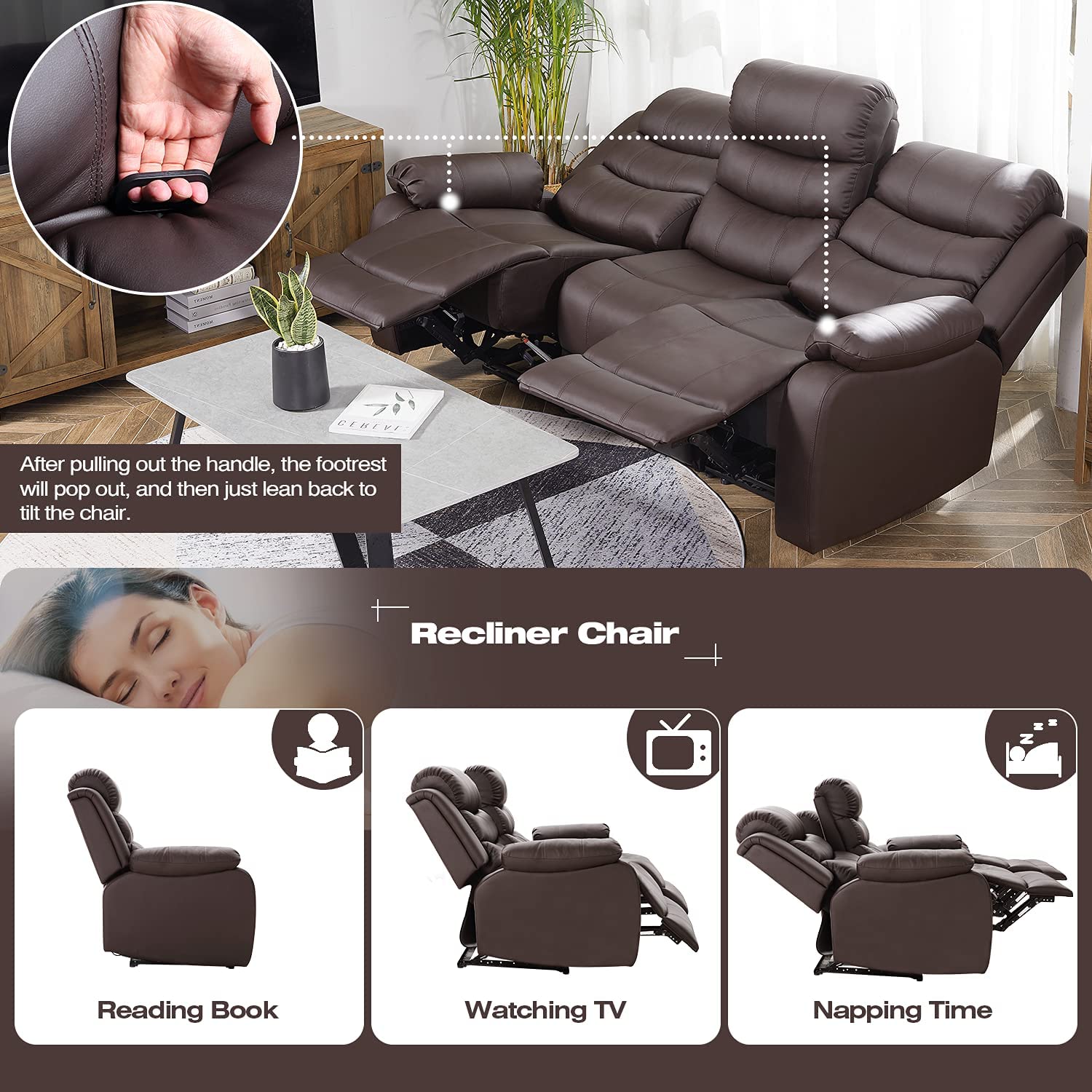Homrest 3-Seater Recliner Chair Set Home Theater Seating Reclining Sofa Couch for Living Room, Brown