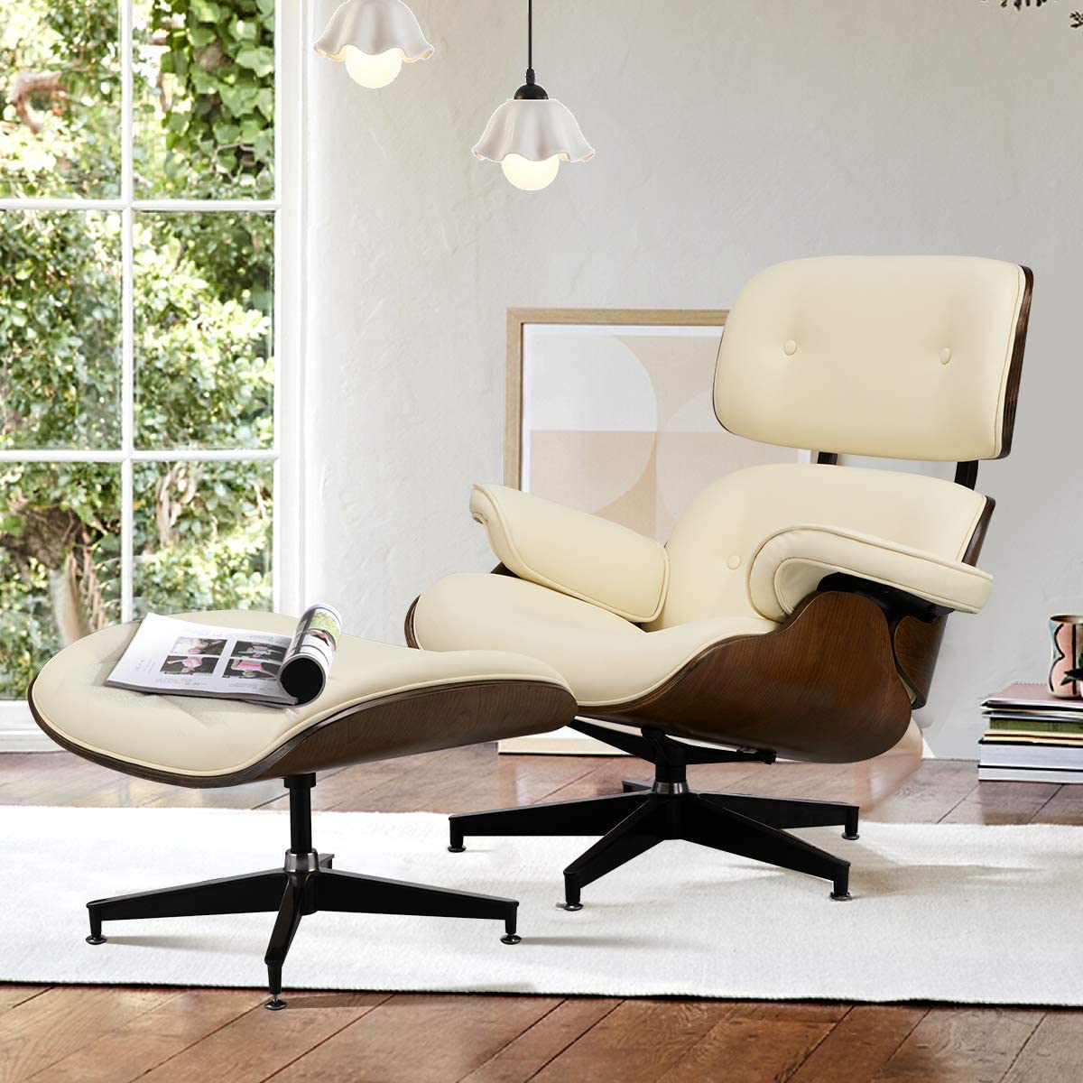 Lounge Chair with Ottoman, Mid Century Modern Lounge Chair, Faux Leather Lounge Chair with Light Vibration Massage Function and Storage Bag（White)