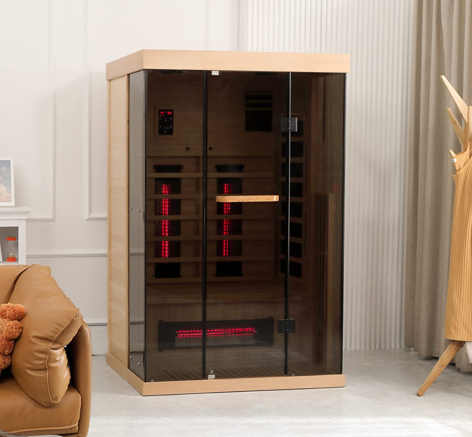 Homrest 1-2 Person Infrared Sauna 15 Minutes Pre-Warm up Far for Home with 7 Colors Chromo Therapy Lighting and Full View Tempered Glass(Canda Hemlock Wooden)