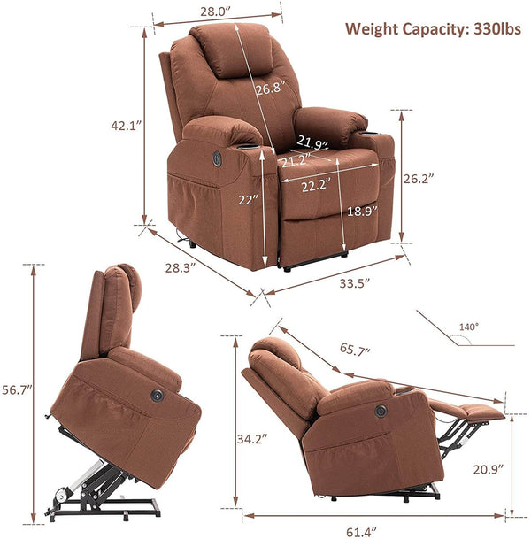Homrest Electric Power Recliner Lift Chair Fabric Electric Recliner for Elderly, Heated Vibration Massage Sofa with Side Pockets, USB Charge Port & Remote Control(Coffee)
