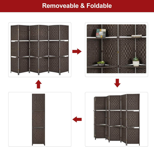 Homrest 6 Panels Folding Room Divider 6ft Weave Fiber Privacy Screens with 2 Shelves, Double Hinged, Coffee