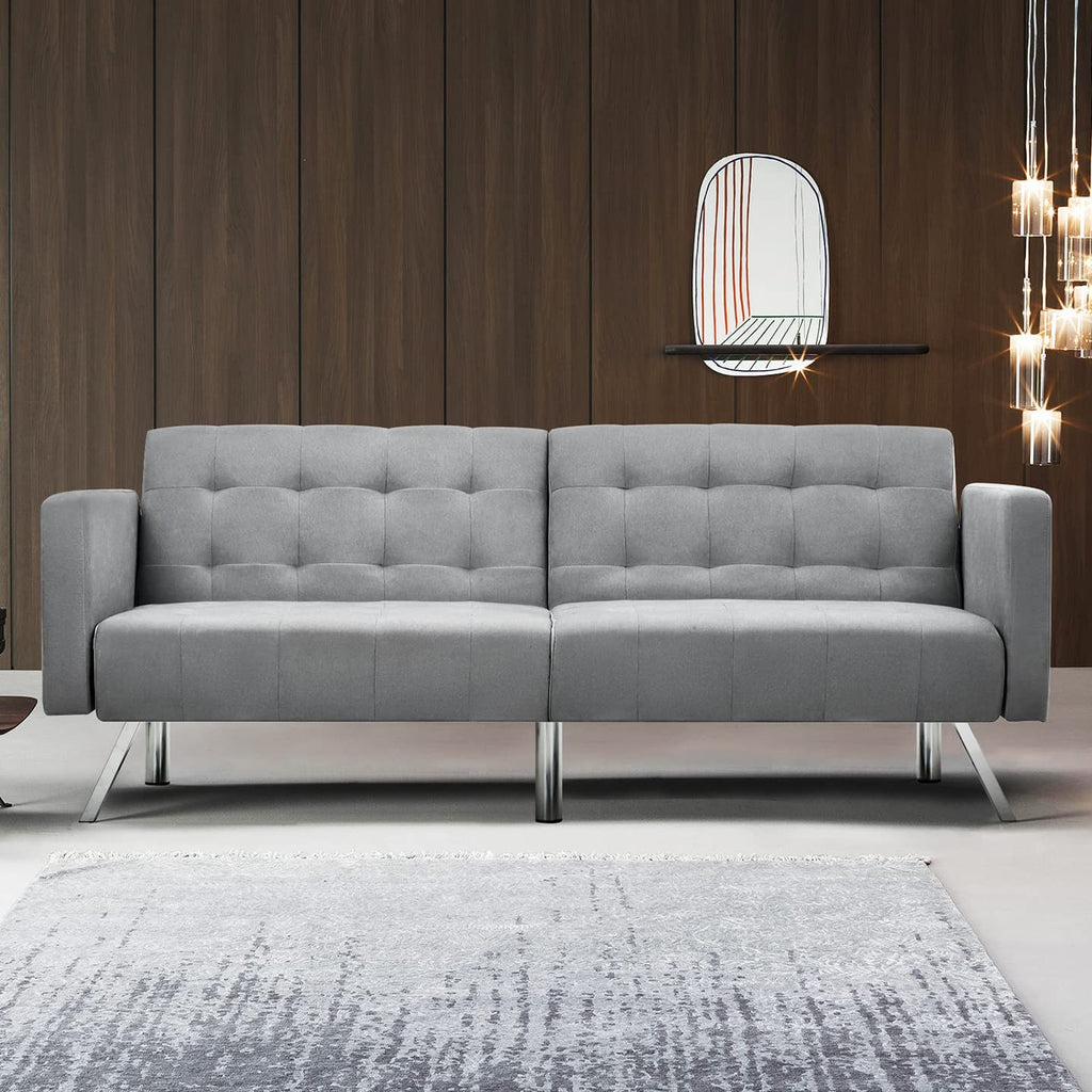 Homrest Convertible Futon Sofa Bed w/ Adjustable Backrest Fabric Sleeper Sofa Couch Loveseat, Light Grey