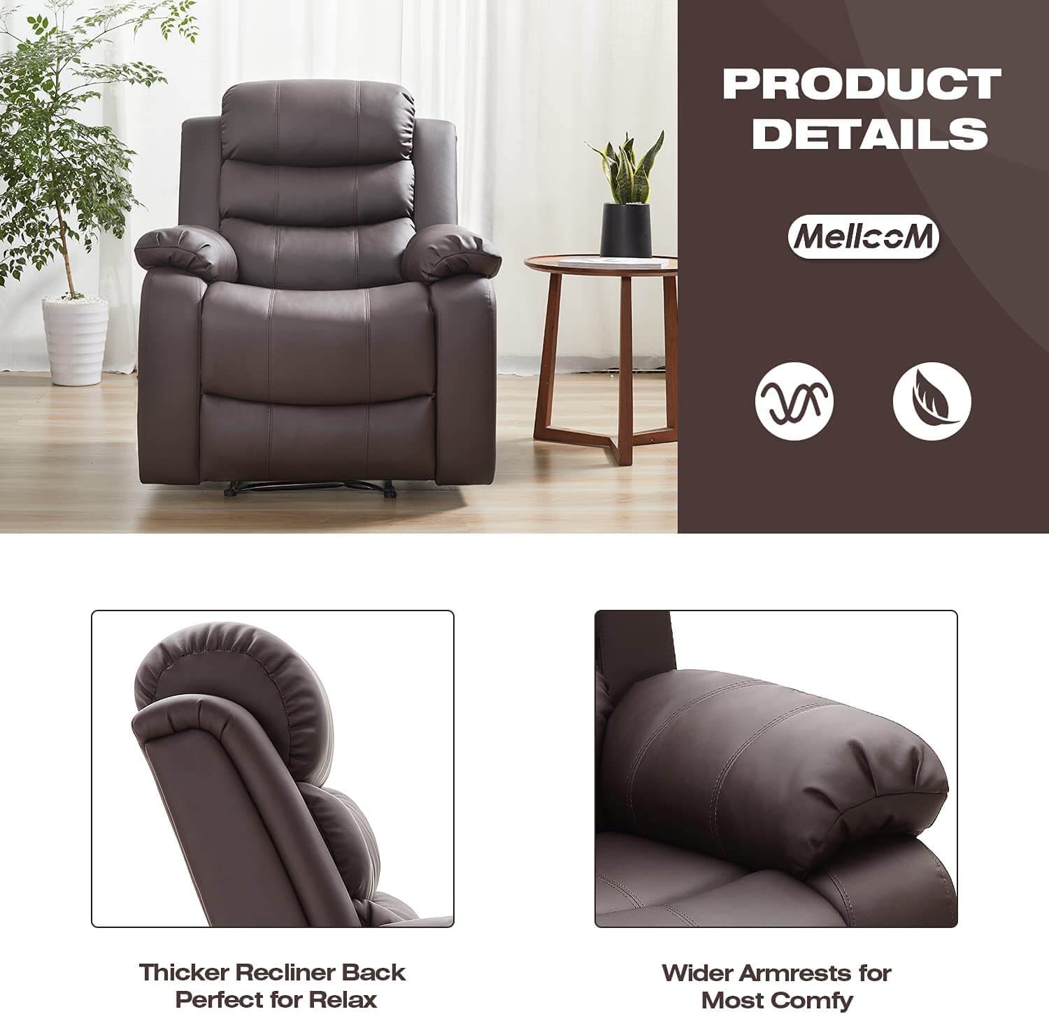 Homrest breath leather recliner chair for living room, brown