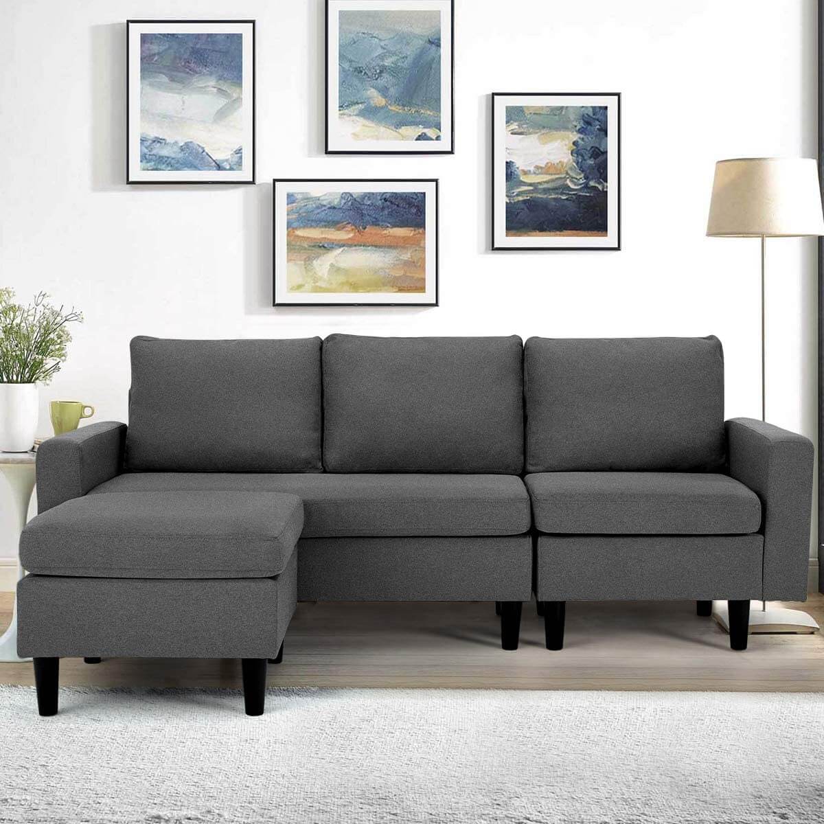 Homrest Enlarged Convertible Sectional Sofa Couch, 3-seat Sofa Couch with Ottoman, L-Shaped Sofa with Modern Linen Fabric, for Living Room or Apartment, Dark Gray