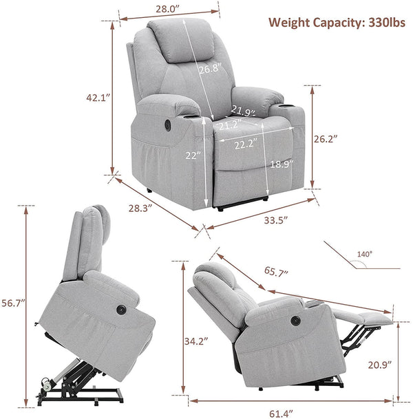 Homrest Electric Power Recliner Lift Chair Fabric Electric Recliner for Elderly, Heated Vibration Massage Sofa with Side Pockets, USB Charge Port & Remote Control(Gray)