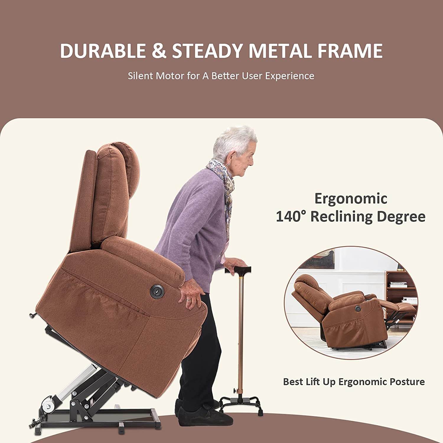 Homrest Electric Power Recliner Lift Chair Fabric Electric Recliner for Elderly, Heated Vibration Massage Sofa with Side Pockets, USB Charge Port & Remote Control(Coffee)
