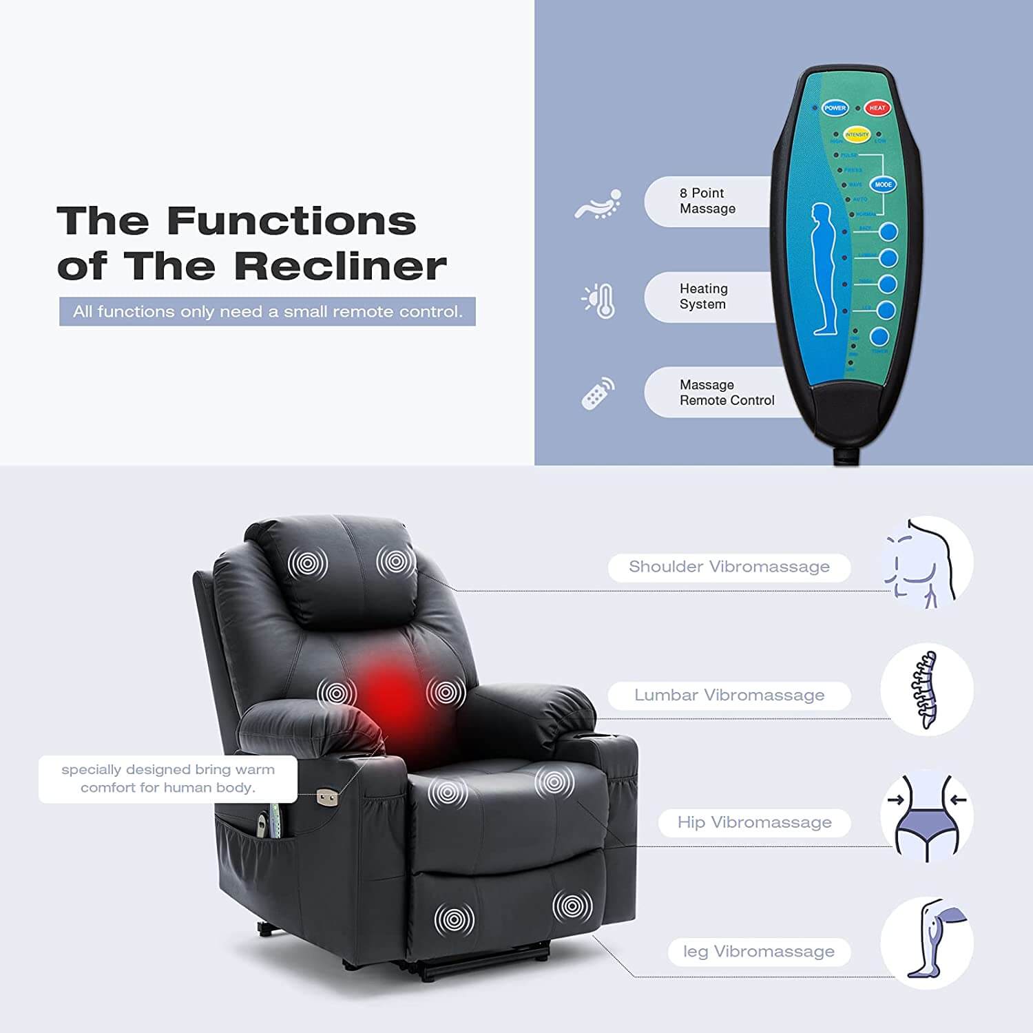 Homrest Electric Power Recliner Lift Chair Faux Leather Electric Recliner for Elderly, Heated Vibration Massage Sofa with Side Pockets, USB Charge Port & Remote Control(Black)