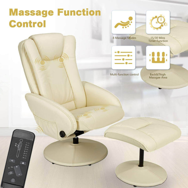 Recliner Chair and Ottoman, Ergonomic Swivel Faux Leather Lounge Recliner with Footrest, Vibration Massage Lounge Chair, Cream White