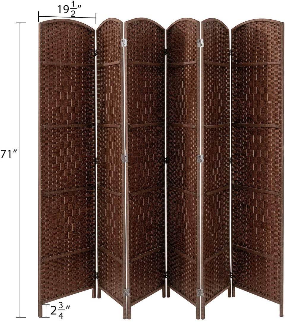 Homrest Room Divider,6 FT Tall Weave Fiber Room Divider,Double Hinged, 6 Panel Room Divider & Folding Privacy Screens, Freestanding Brown Room Dividers