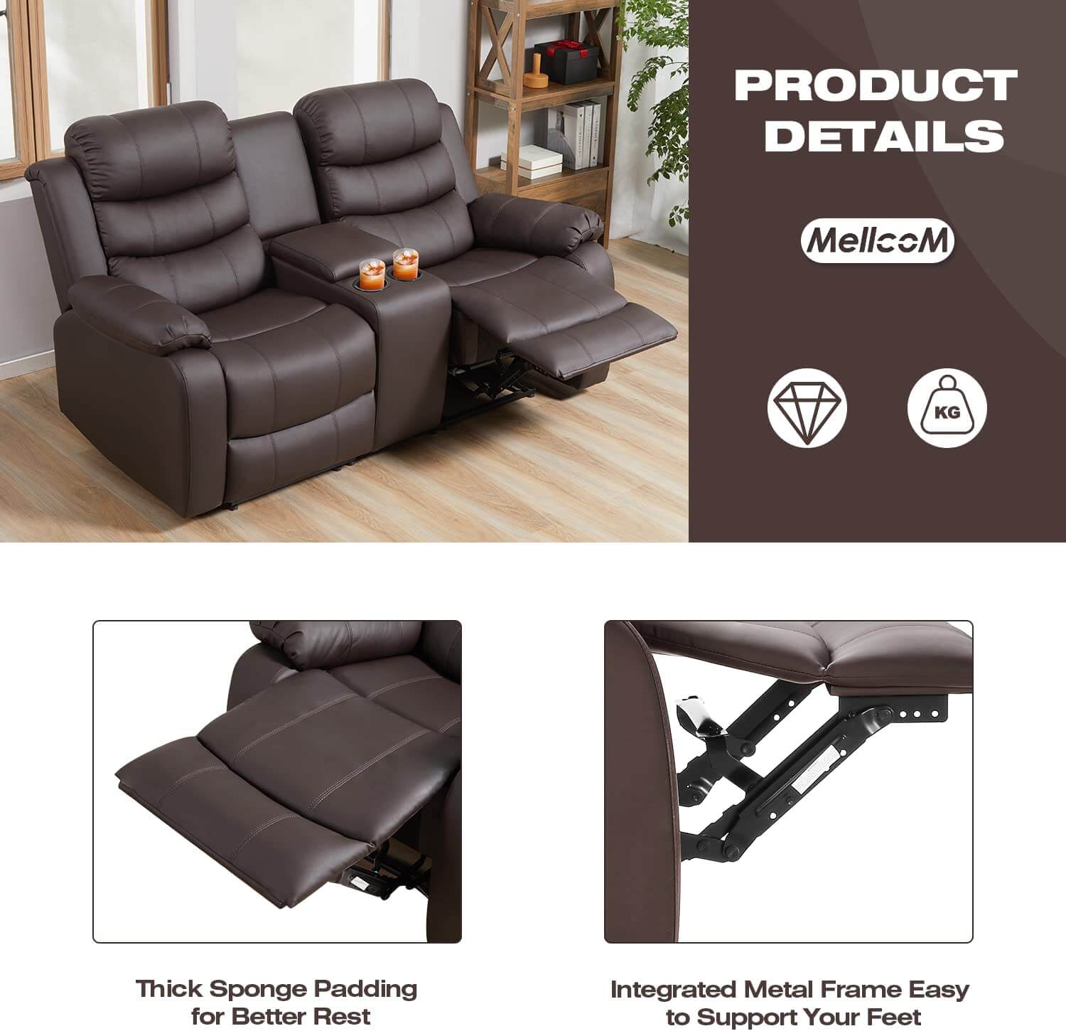  Homrest Reclining Double Loveseat with Storage Console for Living Room, Brown
