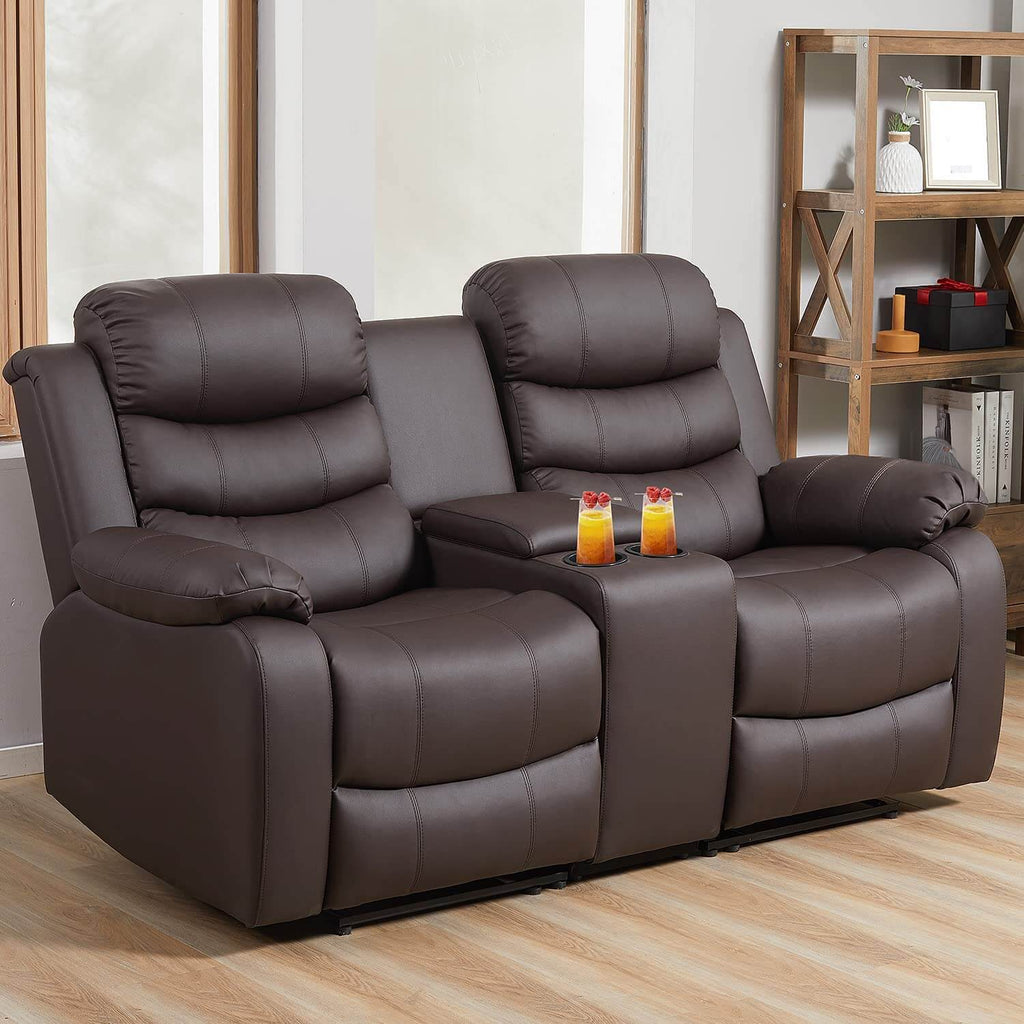Homrest Manual Reclining Double Loveseat with Storage Console, Brown