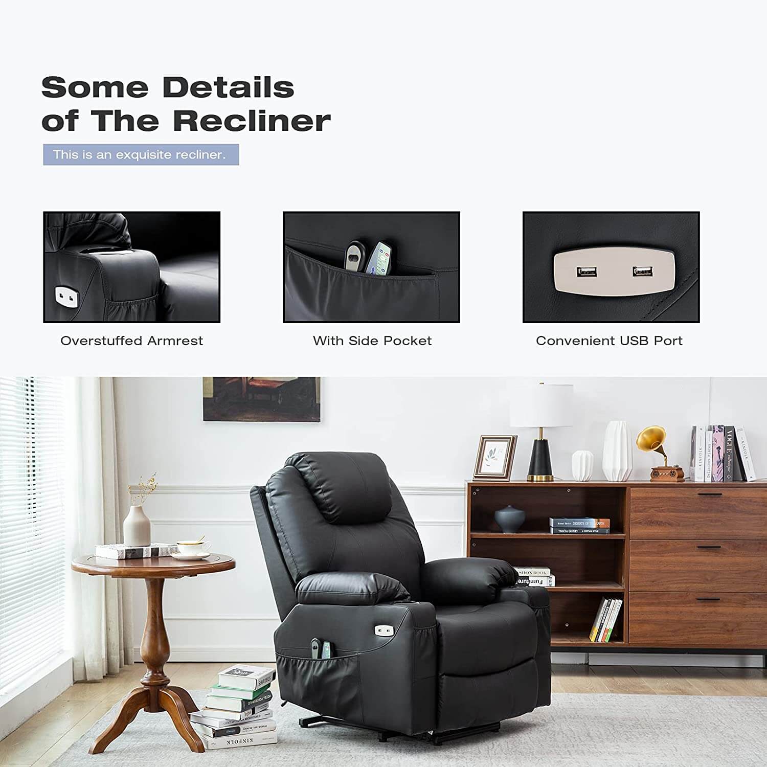 Homrest Electric Power Recliner Lift Chair Faux Leather Electric Recliner for Elderly, Heated Vibration Massage Sofa with Side Pockets, USB Charge Port & Remote Control(Black)